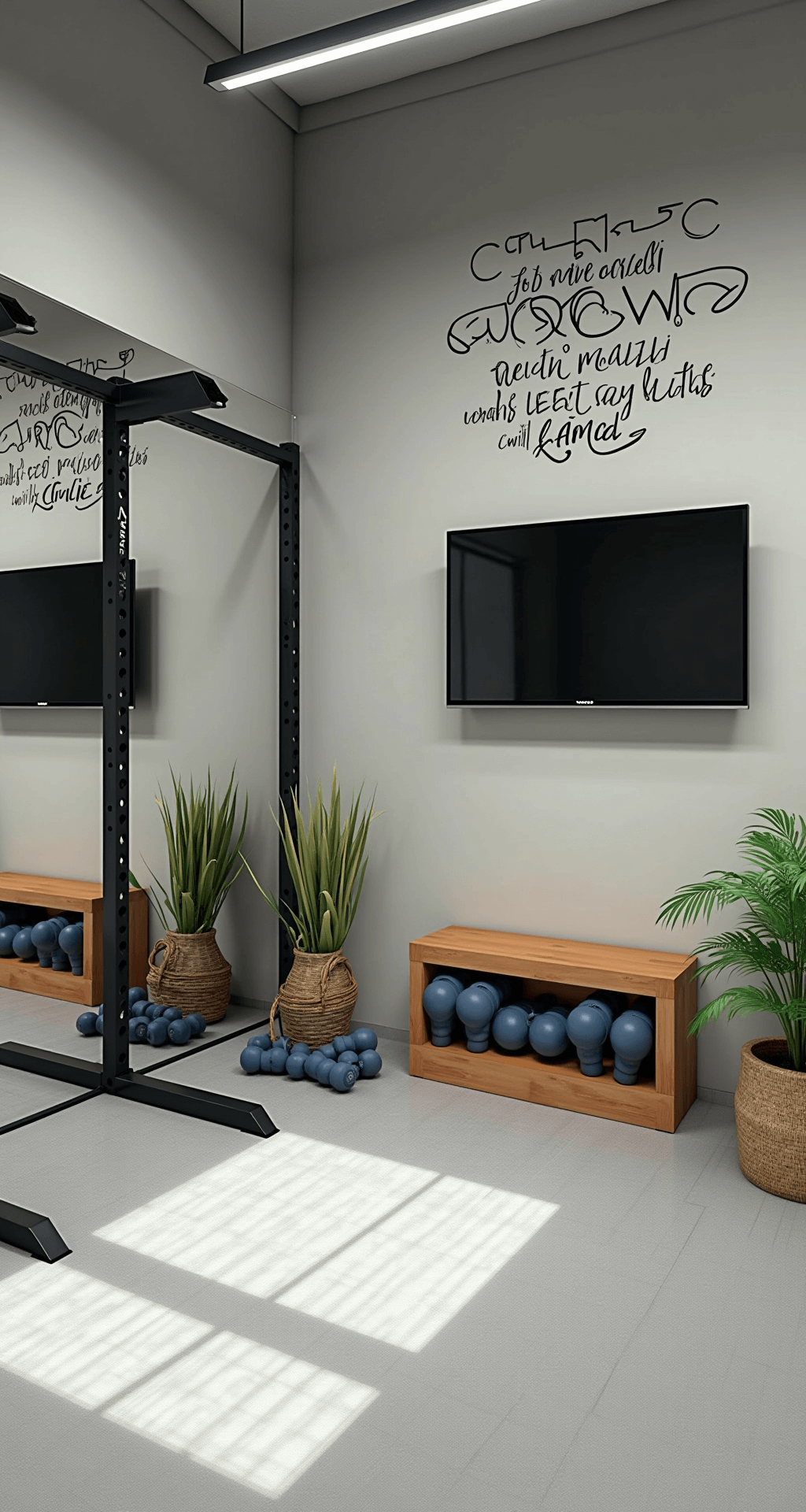 Contemporary fitness studio with light gray rubber flooring, full wall mirror reflecting afternoon light, abstract motivational wall decal, mounted TV above a compact weight rack, and a basket of rolled yoga mats, featuring air-purifying plants, captured from a high corner angle.