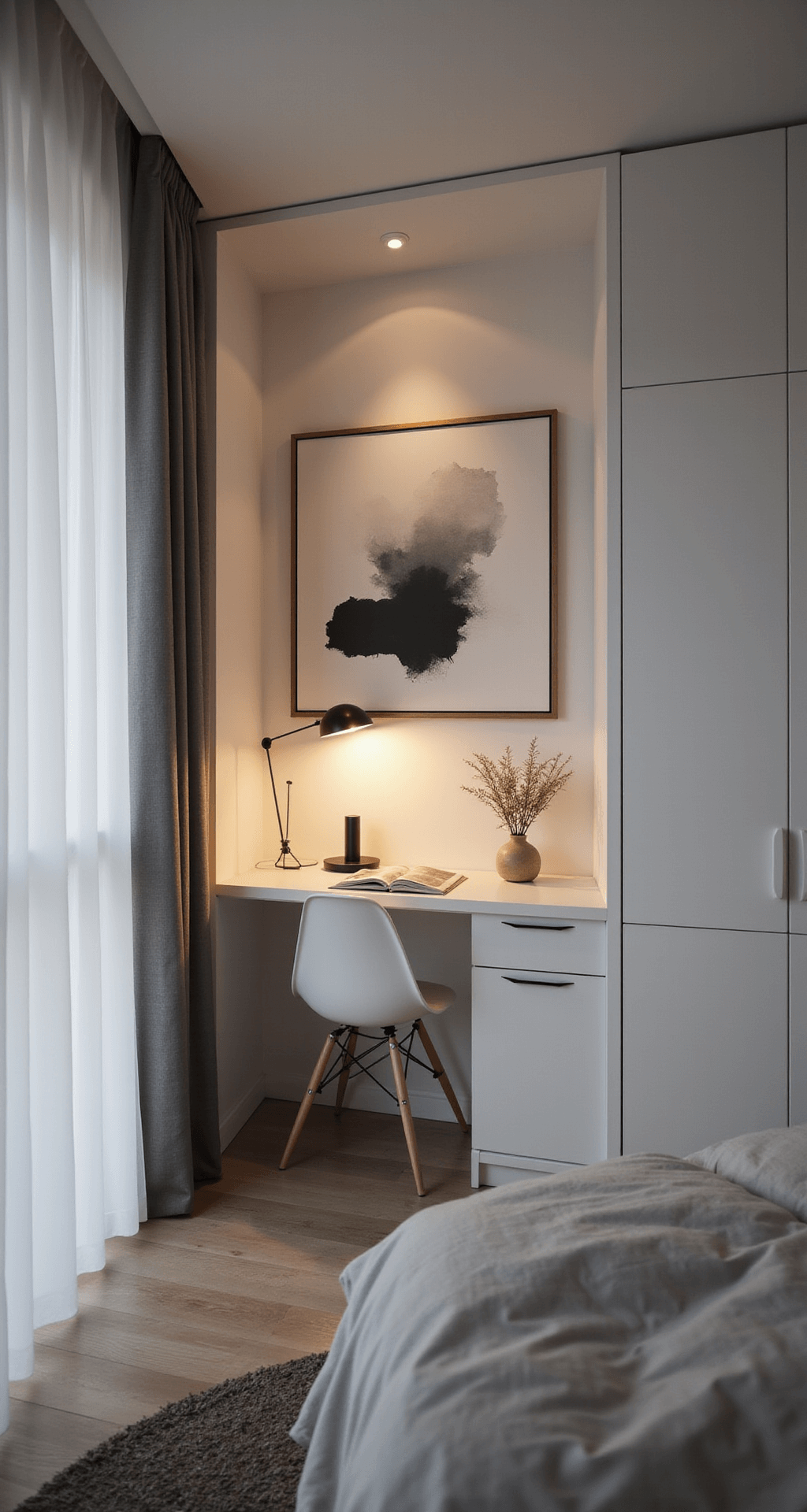 Minimalist guest office in a 13x14ft room featuring a white Murphy bed and built-in desk, a ghost chair tucked beneath, monochrome abstract canvas, and hidden storage in matte finish, illuminated by dusk light and targeted task lighting.