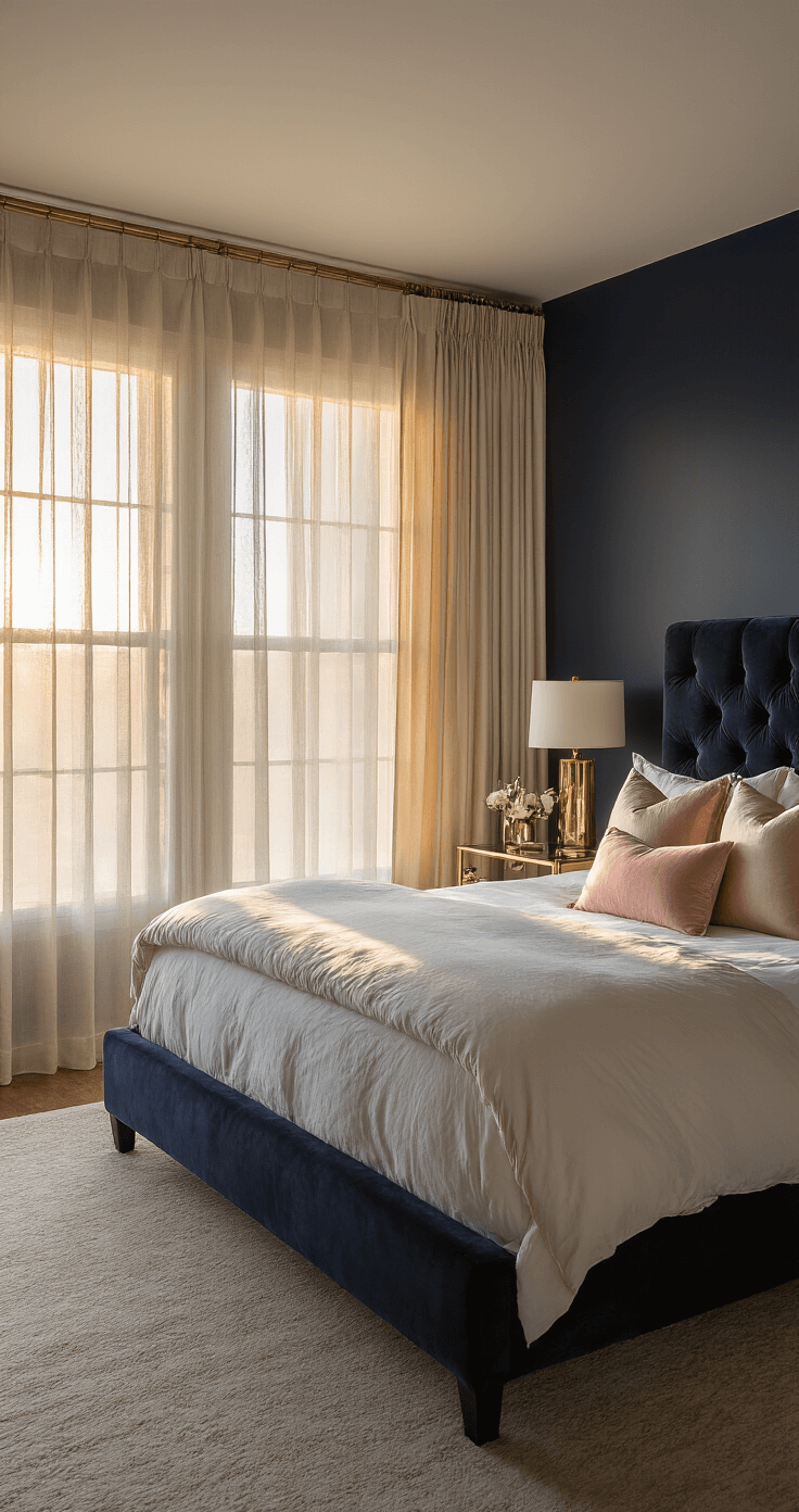A luxurious master bedroom at golden hour, featuring a dark velvet king bed against a navy wall, accompanied by blush and ivory pillows, brass nightstands with glass lamps, and sunlight filtering through champagne drapes, captured at bed level with shallow depth of field.