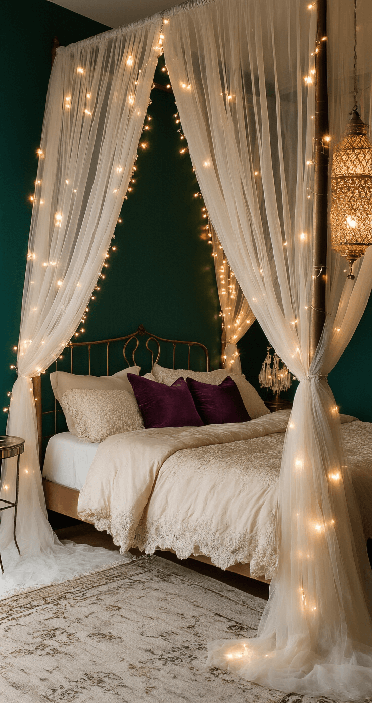 A cozy bedroom corner at dusk featuring a vintage four-poster bed draped in ivory tulle, adorned with warm copper fairy lights. The room has deep emerald walls, champagne silk bedding, and plum velvet pillows. A beaded chandelier casts intricate shadows, enhancing the romantic atmosphere.
