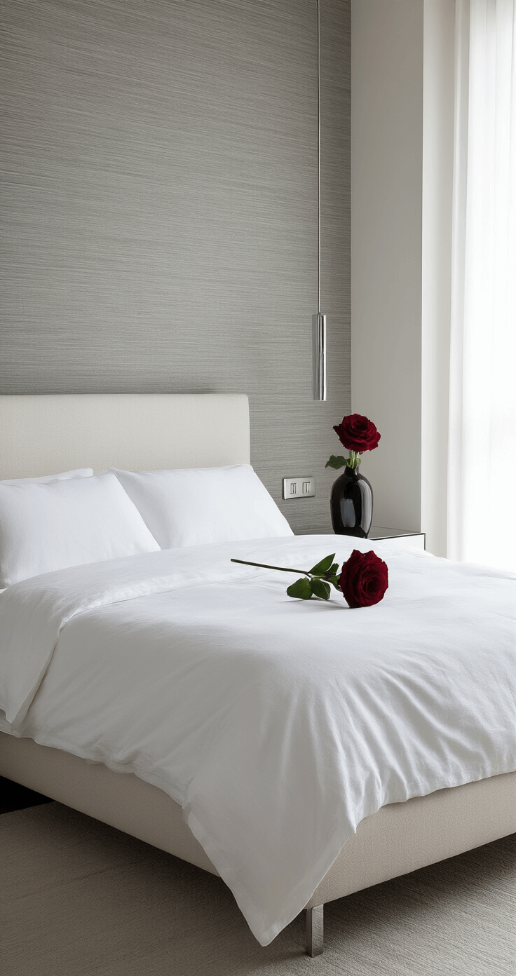 A minimalist contemporary bedroom featuring a low-profile platform bed with crisp white linen bedding against soft gray grasscloth wallpaper, illuminated by early morning light, with a single burgundy rose in a sleek black vase and chrome and glass accents reflecting natural light, captured from a high-angle perspective to emphasize geometric simplicity and negative space.