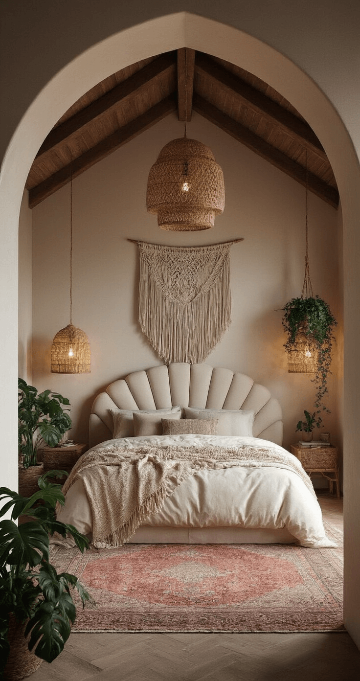 A boho-luxe bedroom at twilight featuring a curved cream bouclé upholstered headboard, an oversized macramé wall hanging, and layered vintage Persian rugs, with rattan pendant lights and potted plants adding warmth and texture.