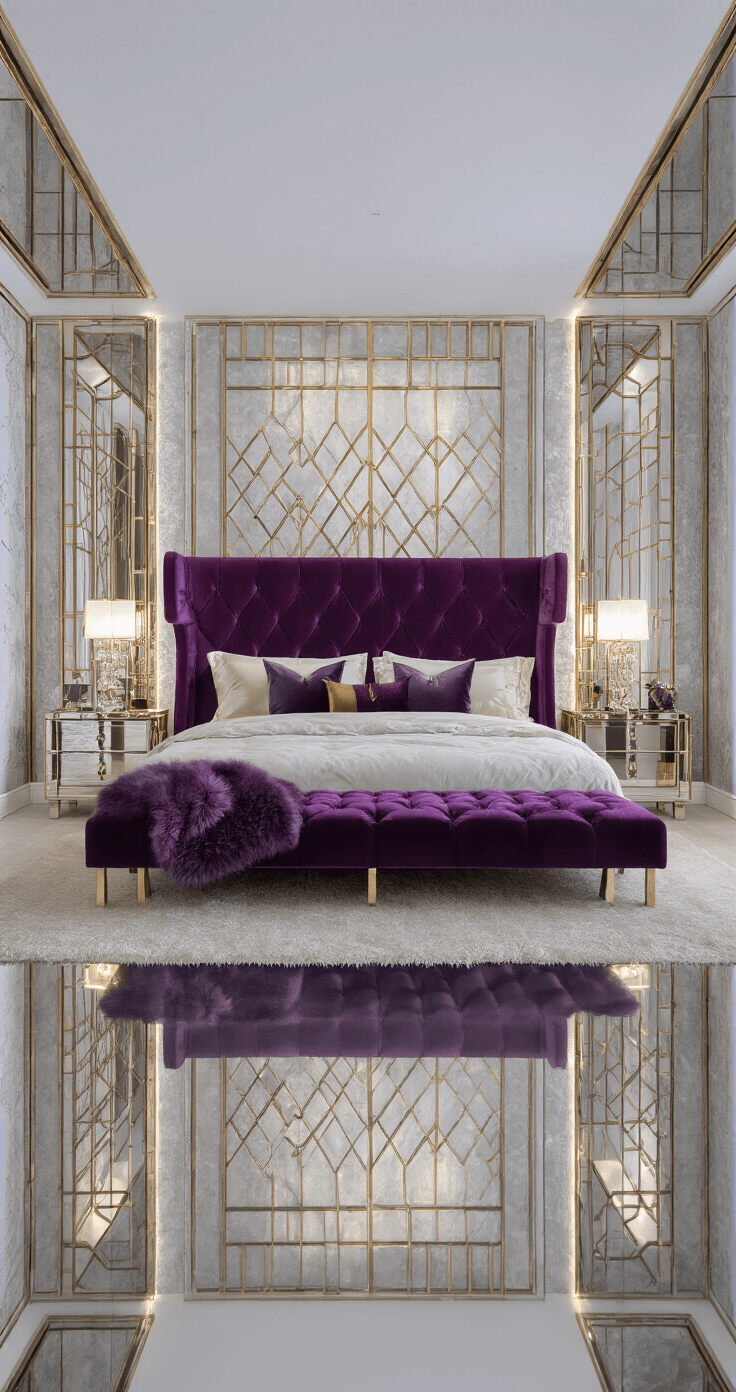 Glamorous art deco-inspired bedroom featuring a channel-tufted amethyst velvet headboard, metallic geometric wallpaper, mirrored nightstands with crystal and gold lamps, and luxurious jewel-toned fabrics, all illuminated by evening lighting.