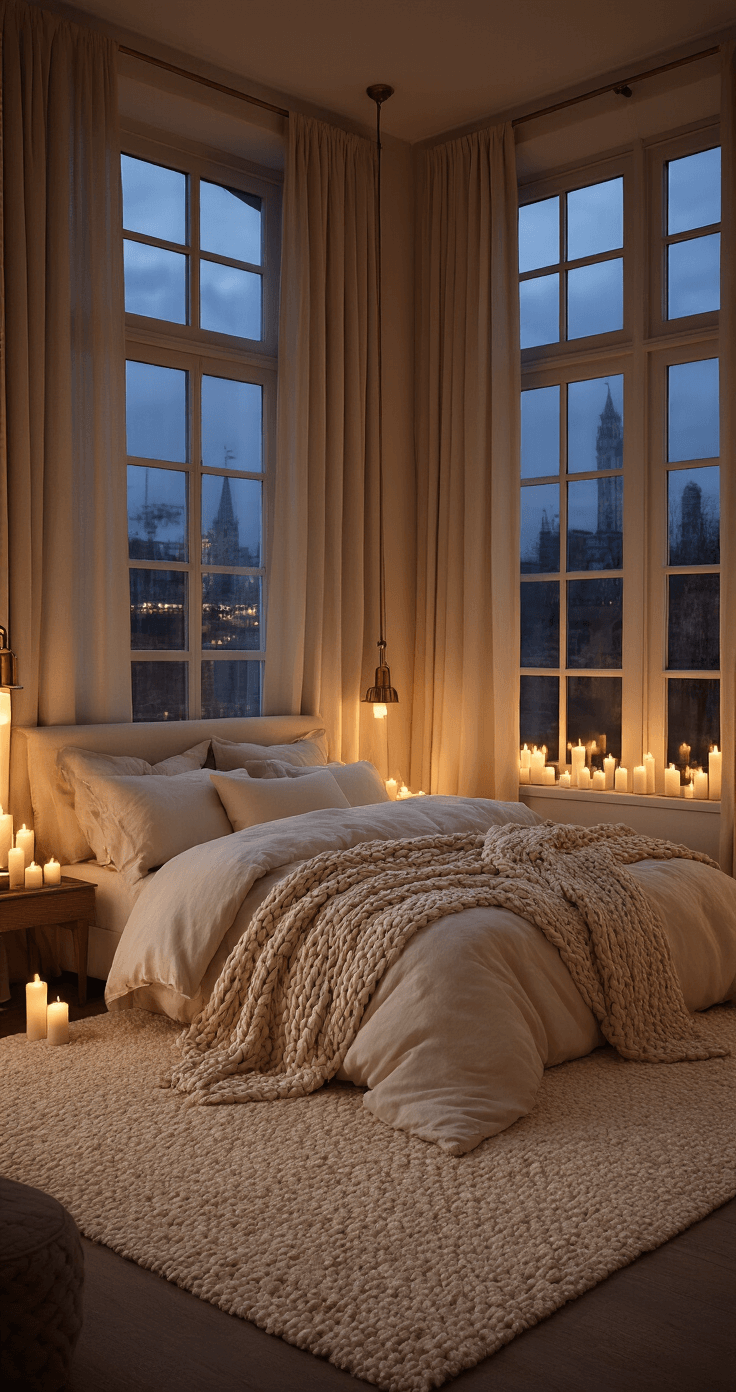 Cozy bedroom with a king bed layered in warm-textured bedding, illuminated by flickering candles and brass sconces, featuring heavy linen drapes and a plush cream area rug, shot from above to capture the intimate atmosphere.