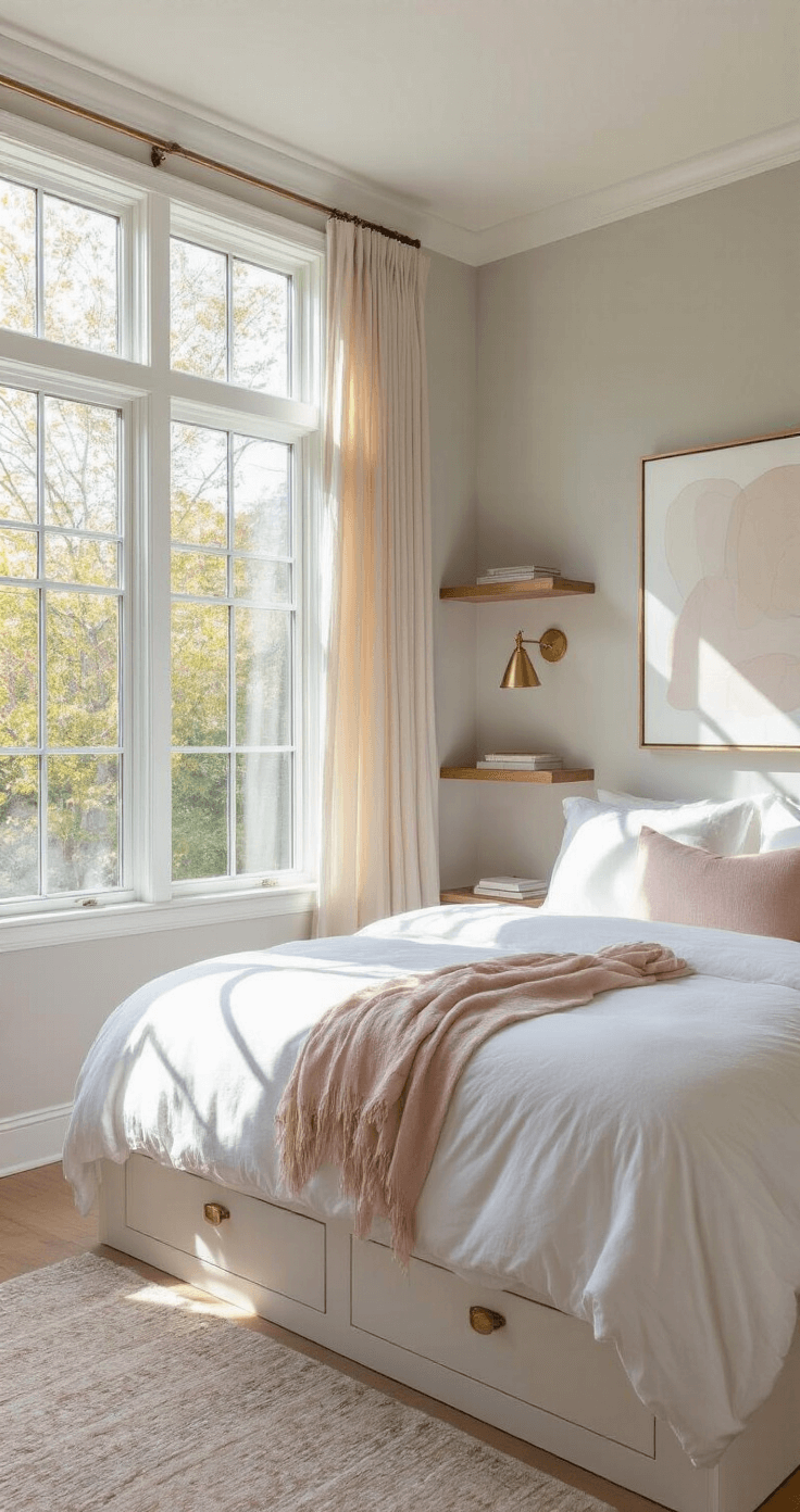 A cozy 120-square-foot bedroom with a queen bed adorned in white and blush linens, surrounded by light-filtering champagne silk curtains and pale gray walls. Floor-to-ceiling windows illuminate the space, showcasing built-in storage, floating walnut shelves with minimal decor, modern brass sconces, and an abstract artwork. Shot from a doorway corner, emphasizing the room's depth and warm ambiance.