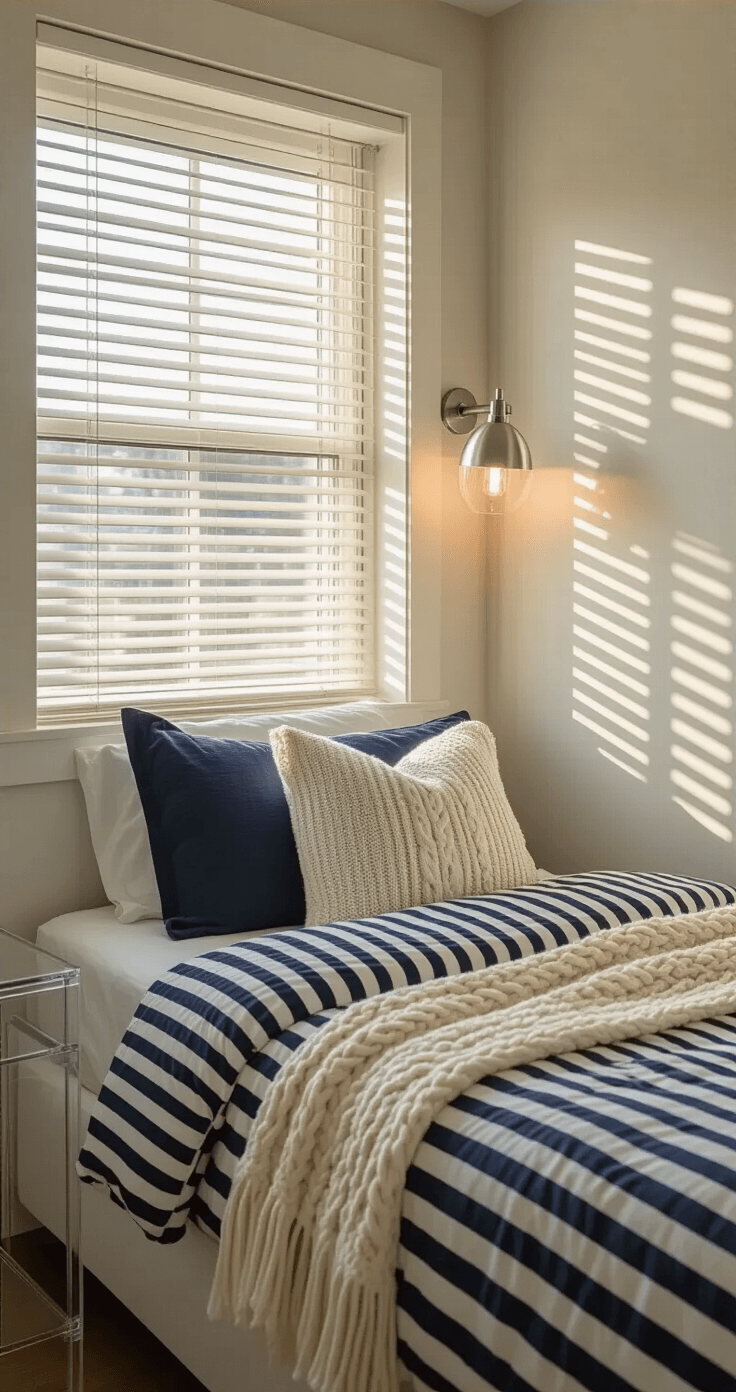 Intimate bedroom corner with a twin bed under a large window, featuring navy and white striped bedding, a cream cable-knit throw, and a sleek wall-mounted reading light. A clear acrylic nightstand adds visual lightness, while golden hour lighting creates dramatic shadows on textured white walls. Shot at a 45-degree angle with a shallow depth of field.