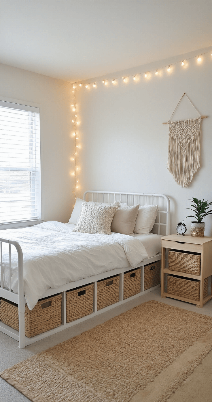 A budget-friendly bedroom featuring a white metal bed frame with woven grass storage bins beneath, a DIY pale pine floating nightstand, ambient string lights, a macramé wall hanging, and a focus on vertical space usage, all illuminated by natural and warm artificial light.