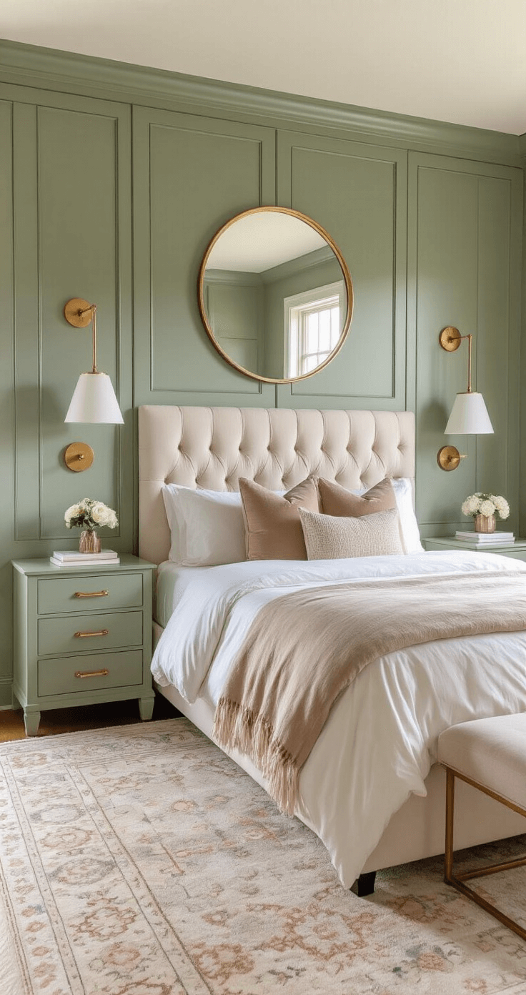 Luxe small bedroom featuring a custom sage green storage wall, a cream velvet queen bed with channel-tufted headboard, brass hardware accents, and layered bedding in ivory, taupe, and blush, all illuminated by golden hour lighting with an oversized round mirror reflecting natural light.