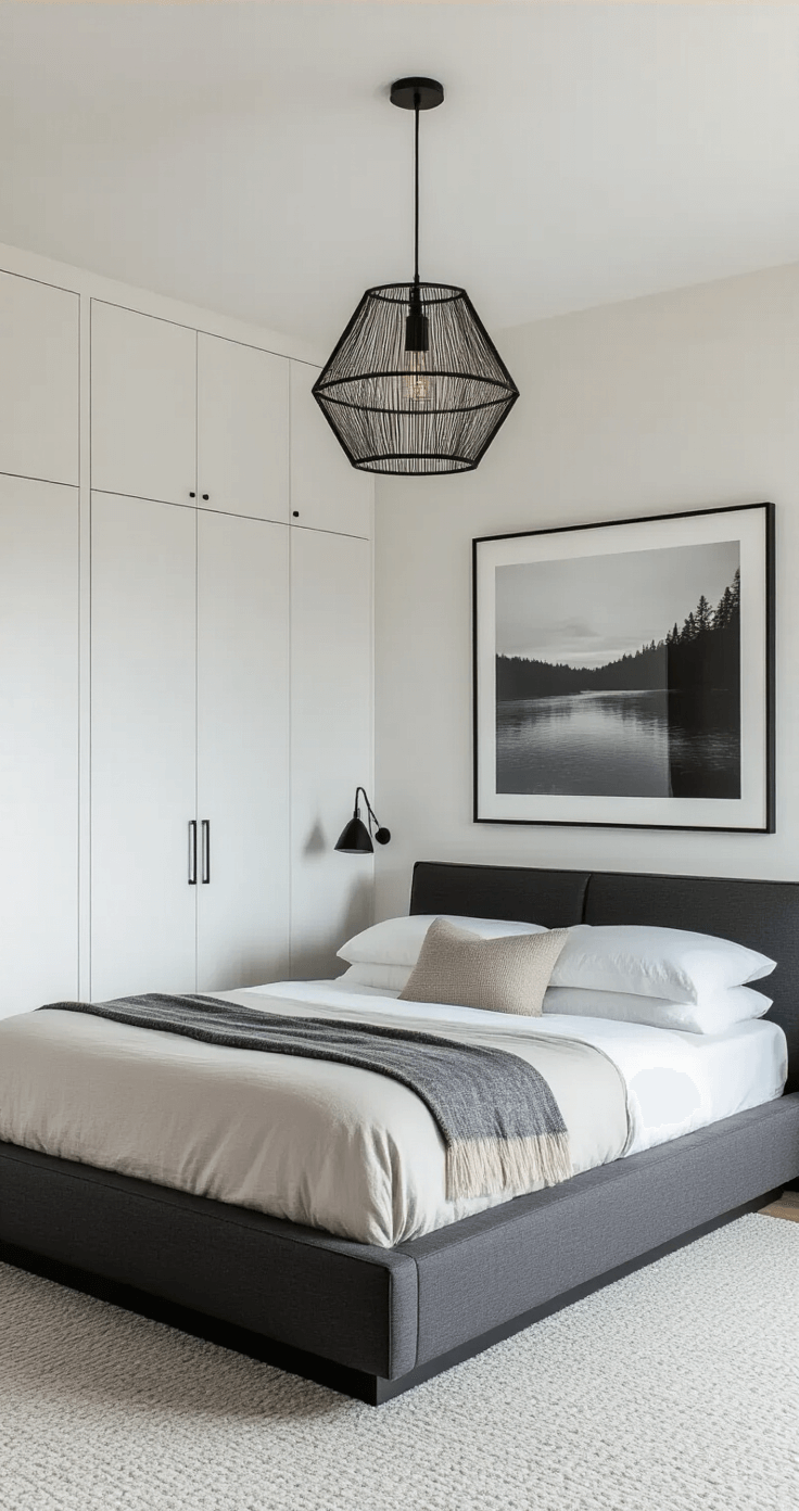 Modern minimalist bedroom featuring floor-to-ceiling built-ins in warm white, a low-profile charcoal linen platform bed, a geometric blackened brass pendant, and large-scale black and white photography above the bed, all illuminated by soft afternoon light and set on a light gray textured wool carpet, captured from a corner angle to highlight clean lines and storage solutions.