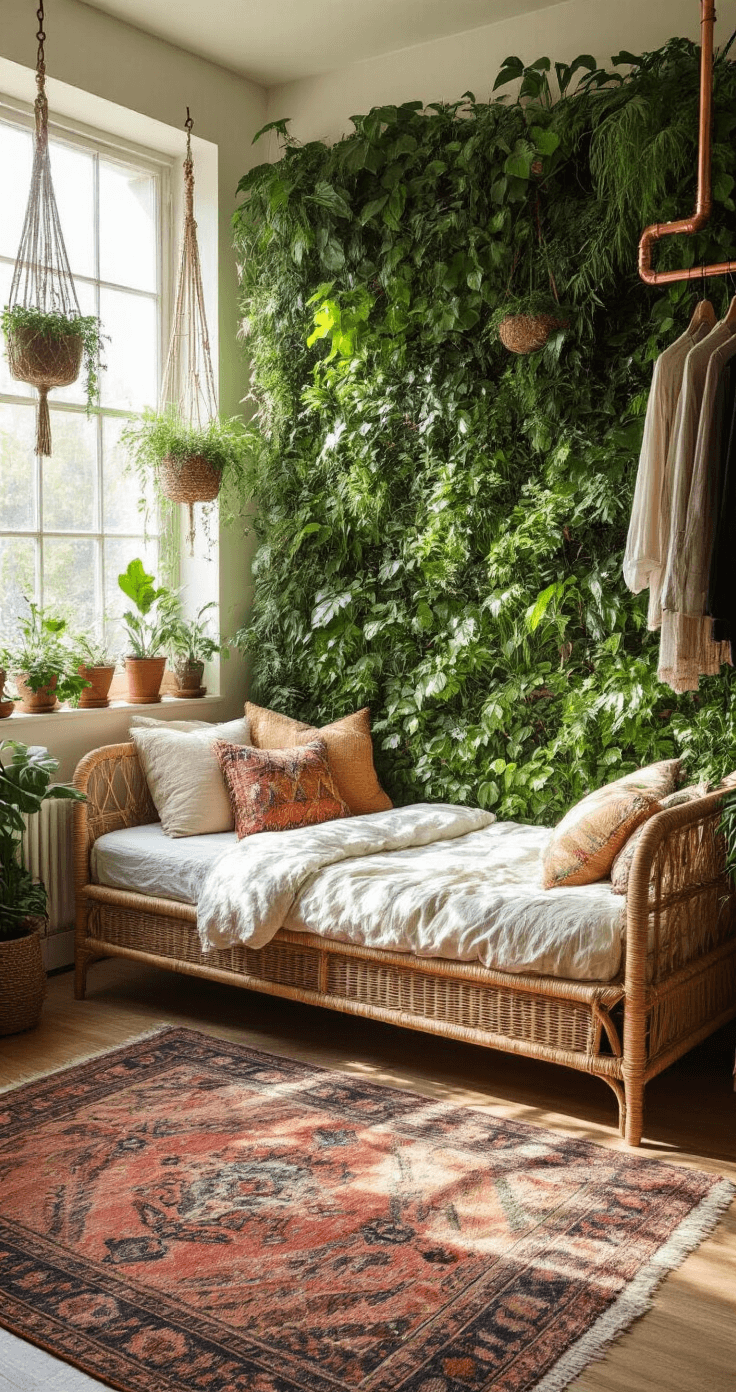 Bohemian micro-bedroom featuring a vertical garden wall with dappled morning light, a natural rattan twin daybed adorned with layered textile pillows, a floating copper pipe clothing rack, and a vintage Moroccan rug in faded jewel tones, all captured from a low angle to highlight the living wall and interesting shadows created by filtered light through the foliage.