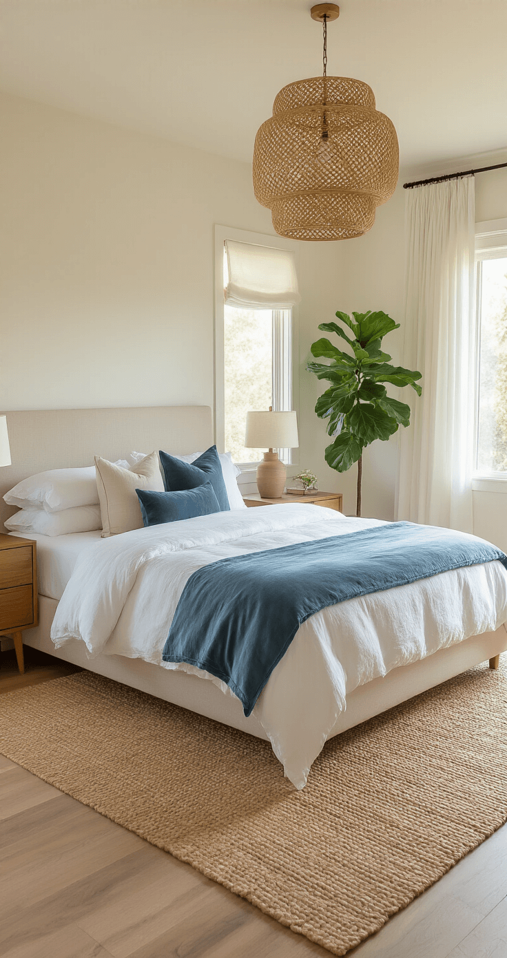A sunlit modern bedroom featuring a king bed with white linen and dusty blue velvet, surrounded by honeycomb shadows from an oversized rattan pendant light, with sheer curtains billowing at side windows, complemented by walnut nightstands and a fiddle leaf fig in the corner.