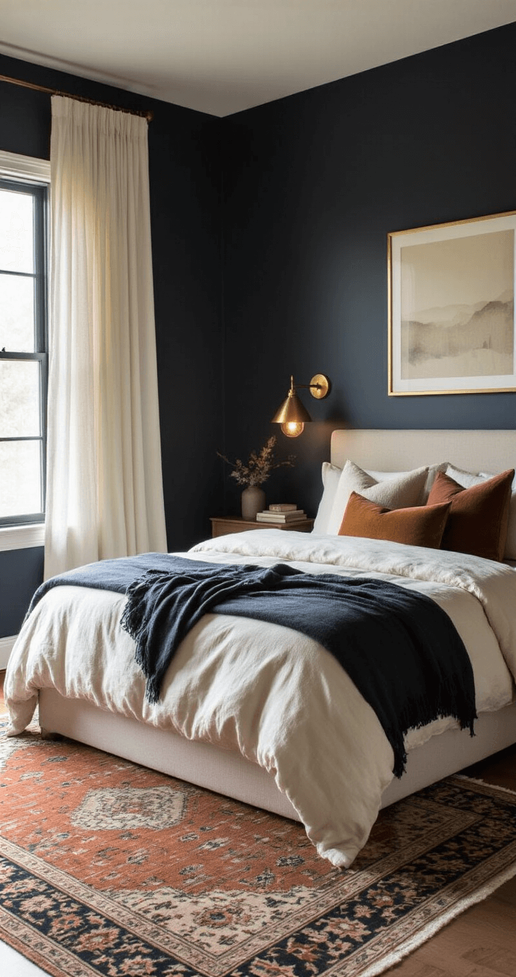 Intimate bedroom scene featuring a queen bed adorned with ivory linen duvet, charcoal cashmere throw, and earth-toned pillows, set against a dark navy accent wall. Warm light from brass sconces highlights a vintage Persian rug in muted terracotta, with black metal window frames and gauzy white curtains enhancing the serene atmosphere.