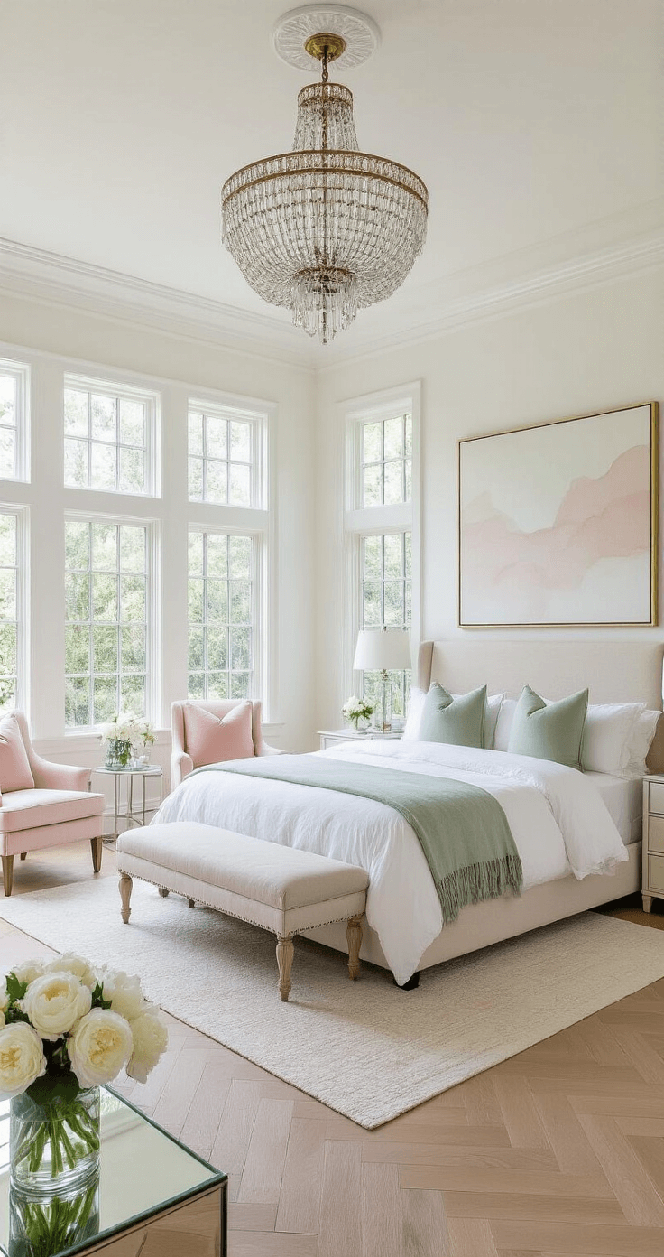 Bright master bedroom with California king bed in cloud-white cotton, pale sage green pillows, and cream throw. A bay window fills the space with natural light, complemented by blush pink chairs, oversized abstract art, white oak herringbone floors, and a crystal chandelier. Fresh white peonies on a mirrored nightstand enhance the decor.