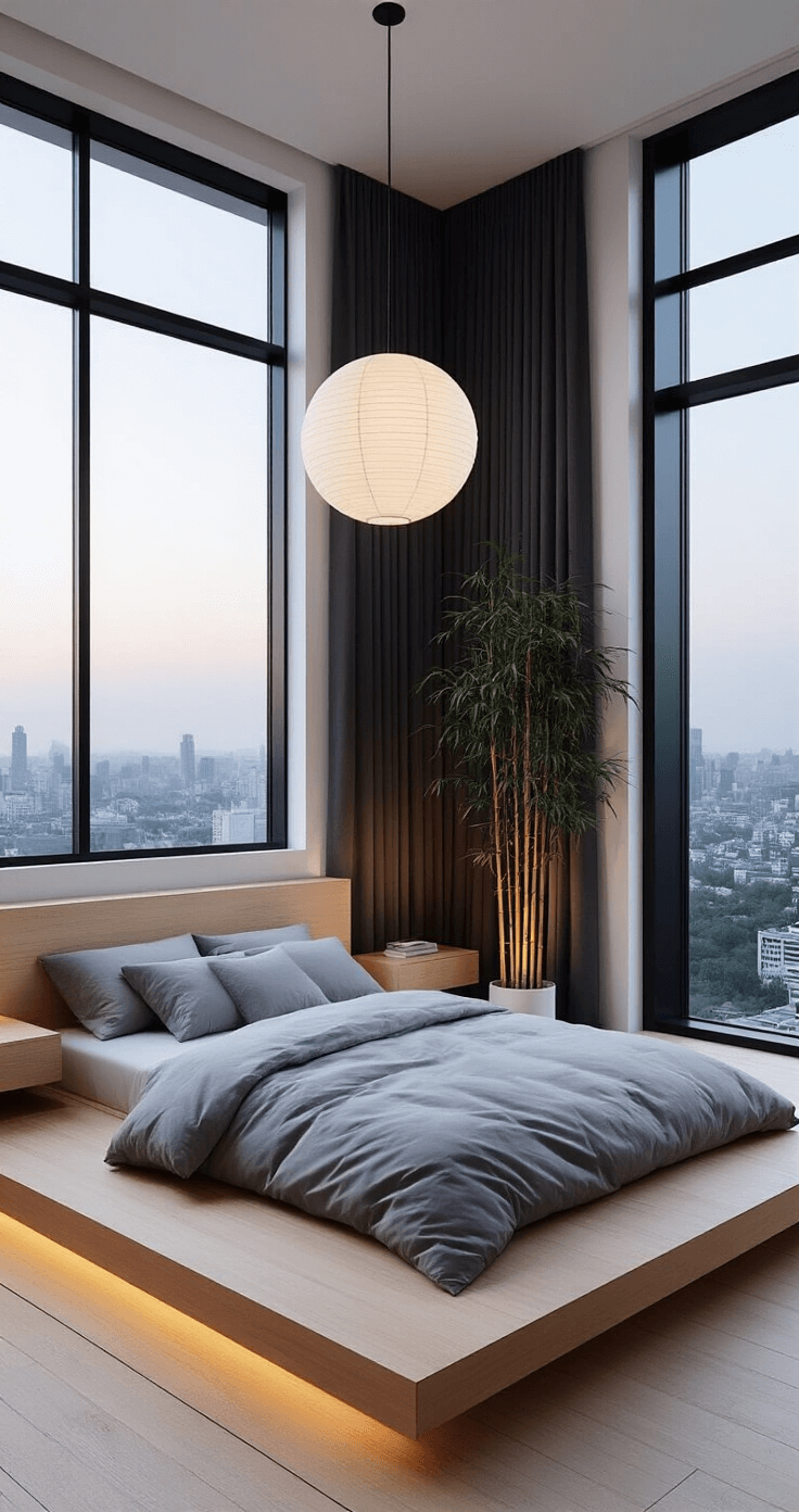 Minimalist bedroom at dusk featuring a platform bed in bleached oak with dove grey linens, matching floating nightstands, and a large paper pendant light, surrounded by charcoal blackout curtains and a potted bamboo palm, all in a cool grey and white palette with black accents.