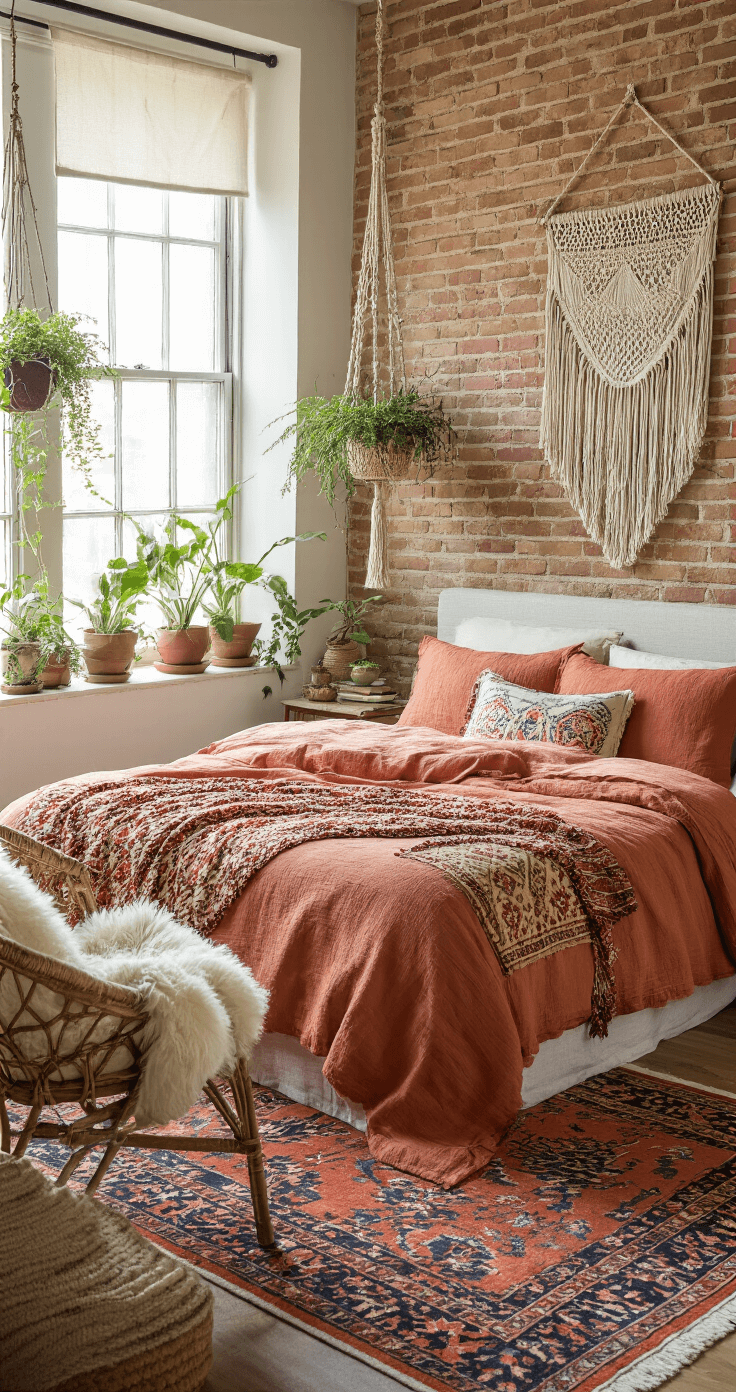 Bohemian bedroom with exposed brick wall, low-profile terracotta bed dressed in vintage linen and Indian quilts, macramé wall hanging, Moroccan rug, hanging rattan chair, and numerous hanging plants, all illuminated by morning light.