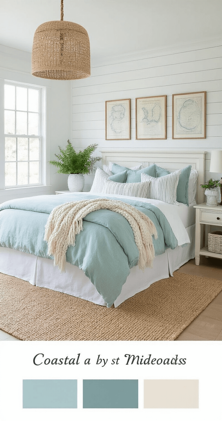 A coastal bedroom featuring a queen bed with sea glass blue linen, striped pillows, and a chunky knit throw, accented by a white shiplap wall and whitewashed furniture. The room includes a seagrass rug over light oak floors, a rope pendant light, and framed vintage shore maps, with a Boston fern in a white ceramic pot. The color palette includes aqua, sea foam, sand, and white.