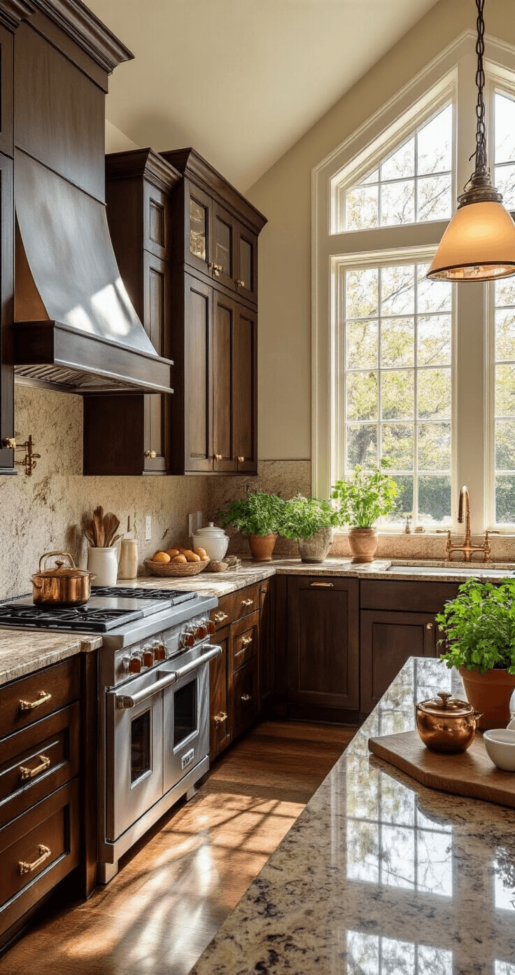 Luxurious L-shaped kitchen with espresso-stained maple cabinets and Venetian gold granite countertops, illuminated by golden hour light through floor-length windows, featuring antique brass accents and styled with copper cookware and fresh herbs.