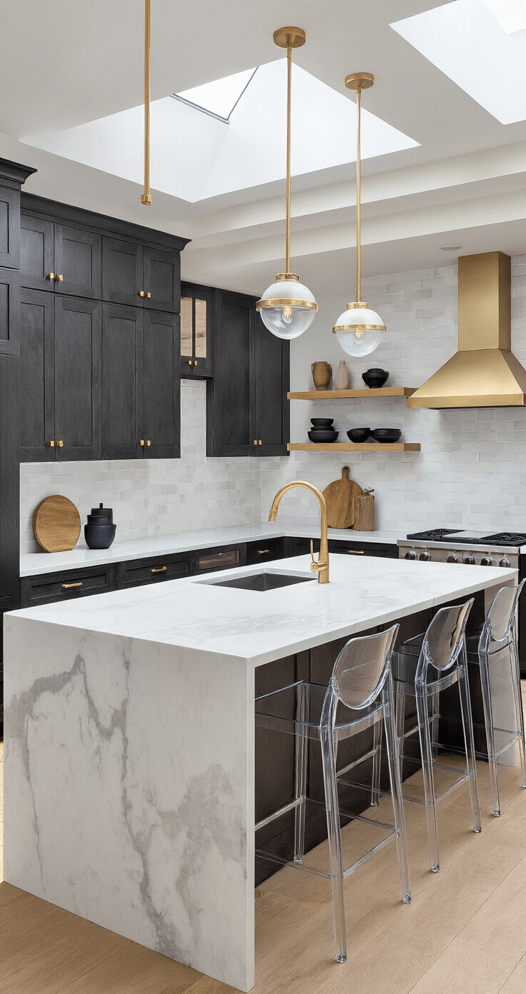A bright kitchen featuring charcoal-stained oak shaker cabinets, a white quartz waterfall island with ghost acrylic barstools, and brushed gold fixtures, illuminated by skylights. Floating shelves display matte black ceramics and blonde wood accessories, with a marble subway tile backsplash adding texture.