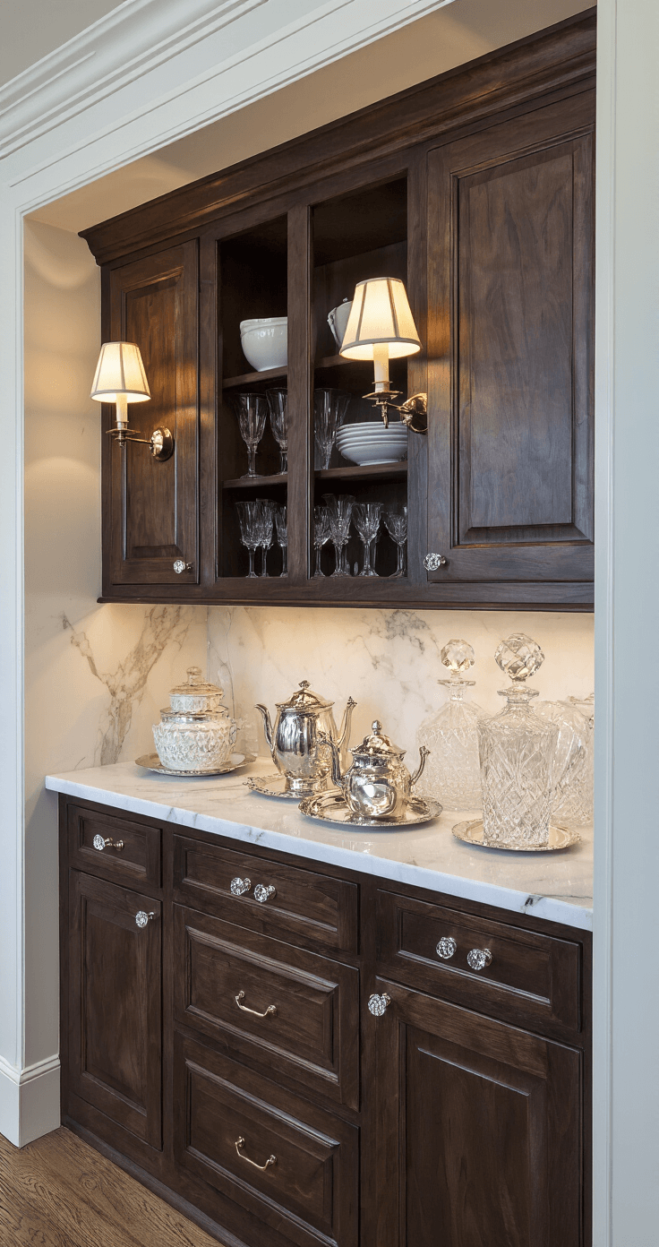 Intimate kitchen vignette featuring a butler's pantry corner with black walnut cabinets, sparkling crystal knobs, and a white marble countertop adorned with a silver tea service and cut crystal decanters, captured at a 45-degree angle with dreamy bokeh in a moody blue hour light blending with warm artificial illumination.