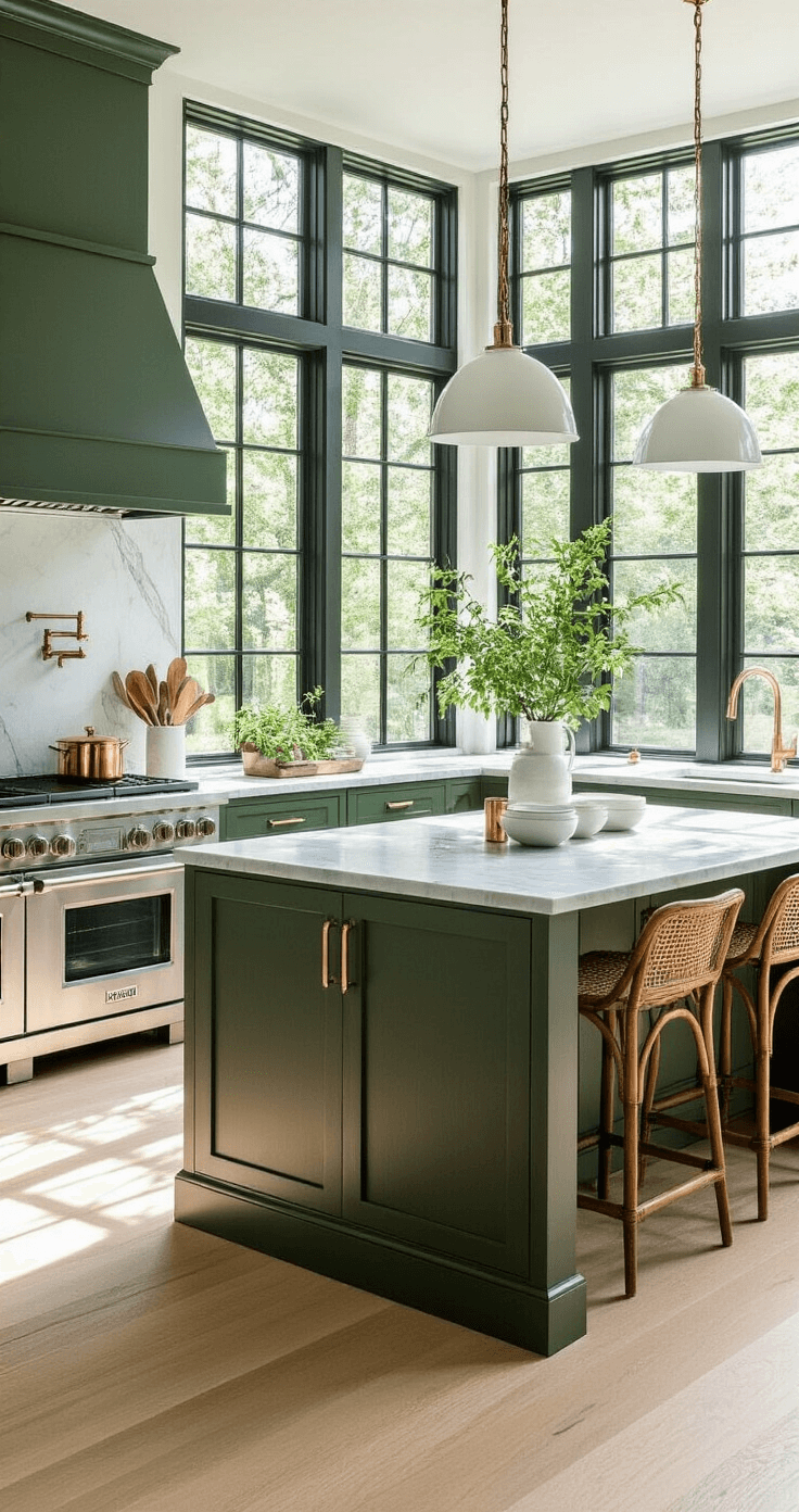 Sun-drenched contemporary kitchen with forest green cabinets, double-height windows, bleached oak floors, a large white marble island, and decorative copper pots, captured from an elevated angle.