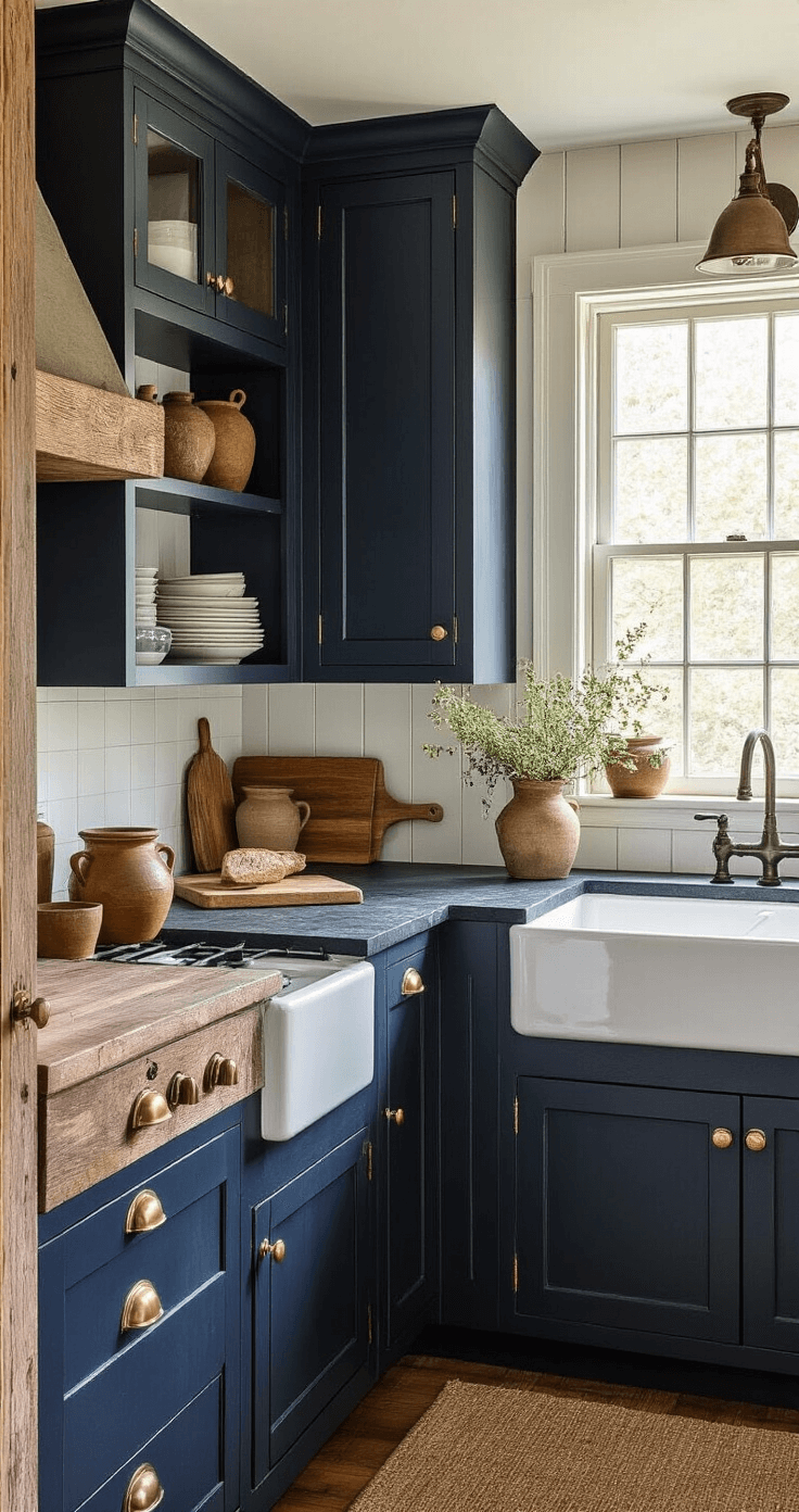A cozy farmhouse kitchen corner featuring deep navy cabinets with weathered brass pulls, soapstone counters, and a white farmhouse sink, illuminated by morning light through cottage windows. Styled with antique cutting boards, earthenware crocks, dried herbs, and warm wood open shelving.
