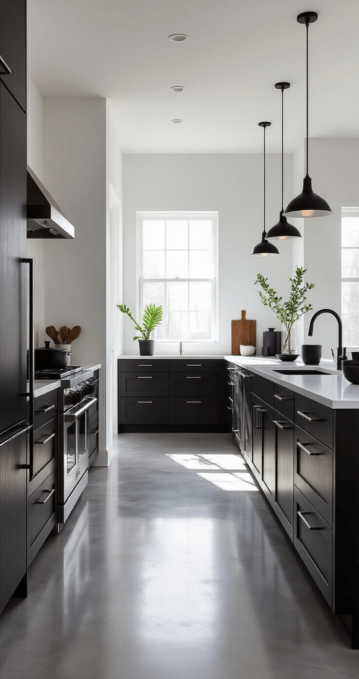 Modern minimalist galley kitchen featuring matte black walnut cabinets, stark white walls, polished concrete floors, and afternoon light casting geometric shadows, styled with black ceramics and a single architectural plant.
