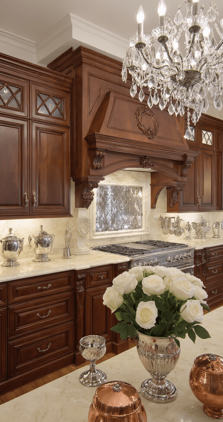 A traditional kitchen featuring rich mahogany cabinets with corbels and crown molding, crema marble counters, and an antique mirror backsplash, illuminated by a crystal chandelier during blue hour. Styled with silver serving pieces, white roses in mercury glass, and vintage copper molds, highlighting ornate architectural details and layered textures.