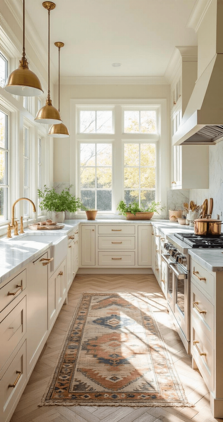 A spacious kitchen with floor-to-ceiling windows, off-white shaker cabinets, and a Carrara marble waterfall island, featuring warm oak herringbone floors and styled with copper cookware and terracotta pots of fresh herbs, illuminated by morning light.