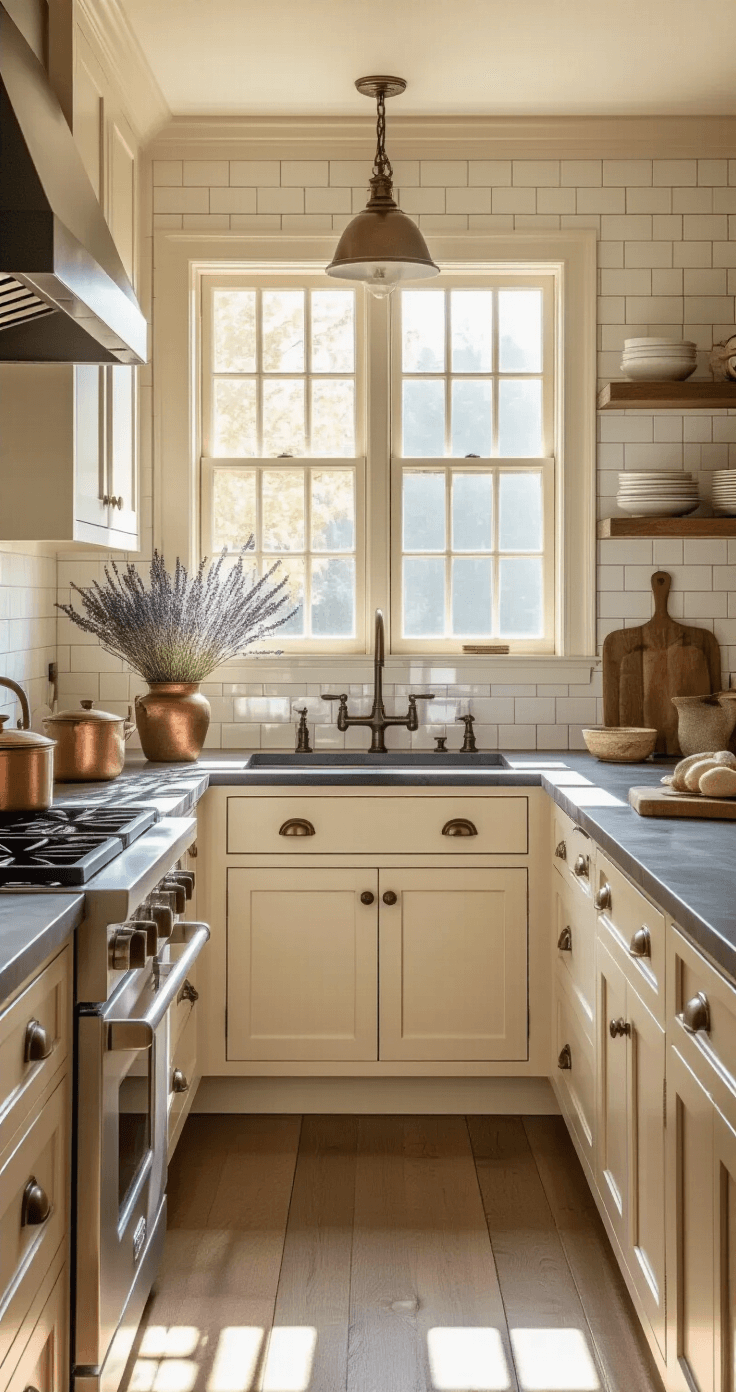 A cozy galley kitchen features cream-toned raised panel cabinets, oil-rubbed bronze pulls, and soapstone countertops, illuminated by golden hour light. The subway tile backsplash in bone white adds texture, while antique copper vessels, dried lavender, and weathered cutting boards enhance the rustic aesthetic. Sunlight casts dramatic shadows through the divided light windows.