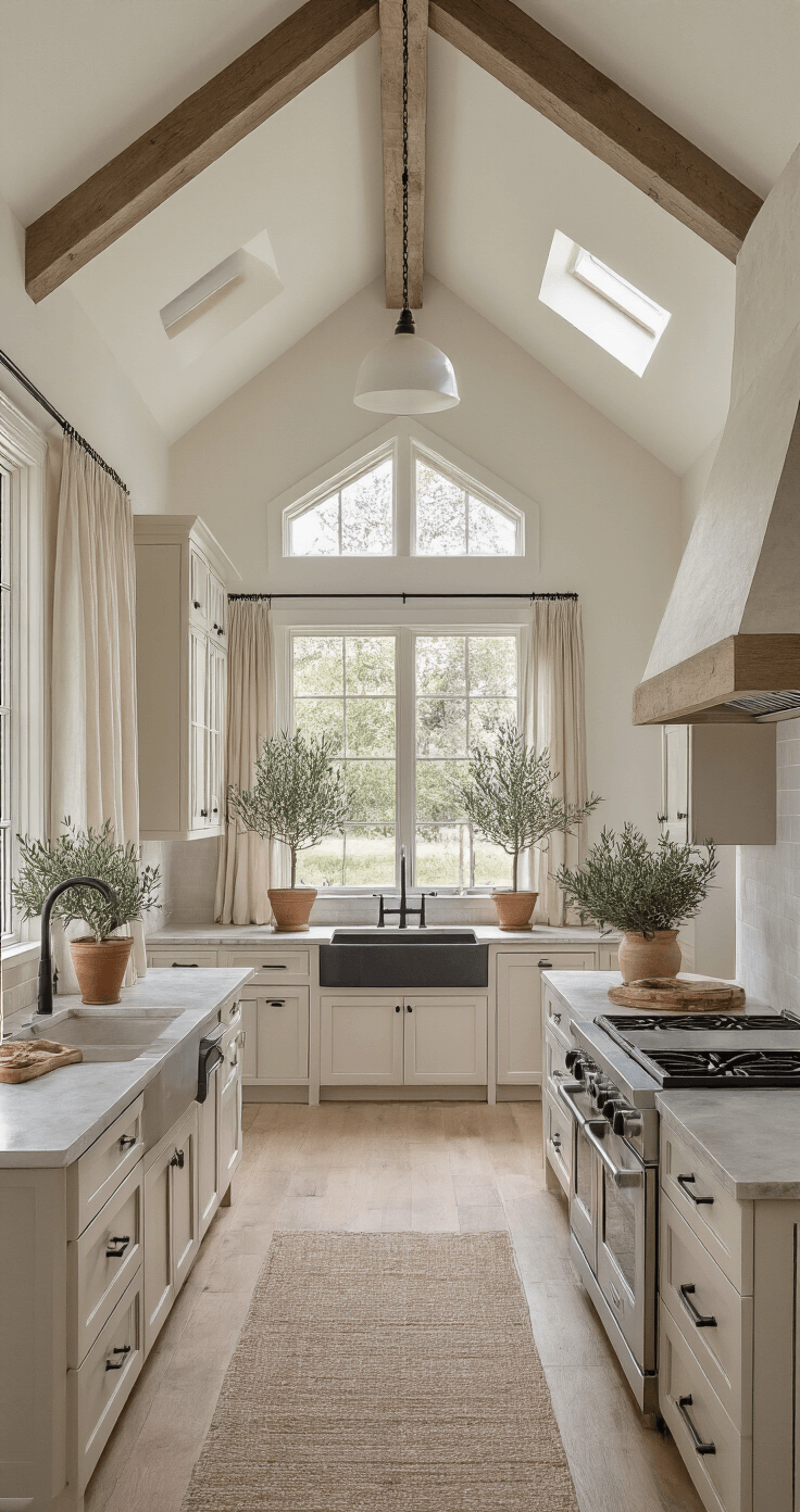 A wide-angle view of a modern farmhouse kitchen with cathedral ceilings, exposed beams, ivory flat panel cabinets, matte black hardware, and leathered granite surfaces, featuring an L-shaped layout, diffused overhead lighting, vintage enamelware, potted olive trees, and natural-toned linen curtains.