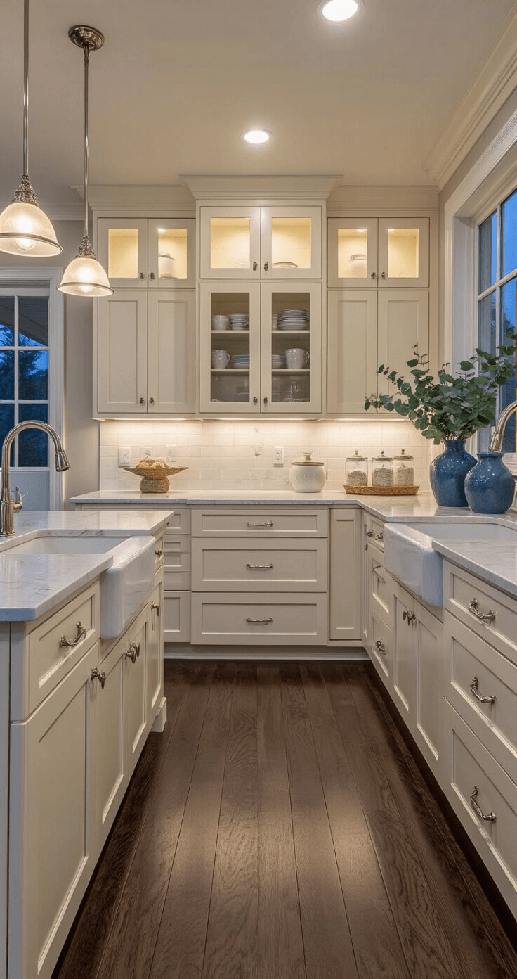 Transitional kitchen at dusk featuring buttercream Shaker cabinets, dark walnut floors, and quartzite counters, shot from counter height with details on mixed metal fixtures, undercabinet lighting, and styling elements like glass canisters and blue-grey vases with eucalyptus.