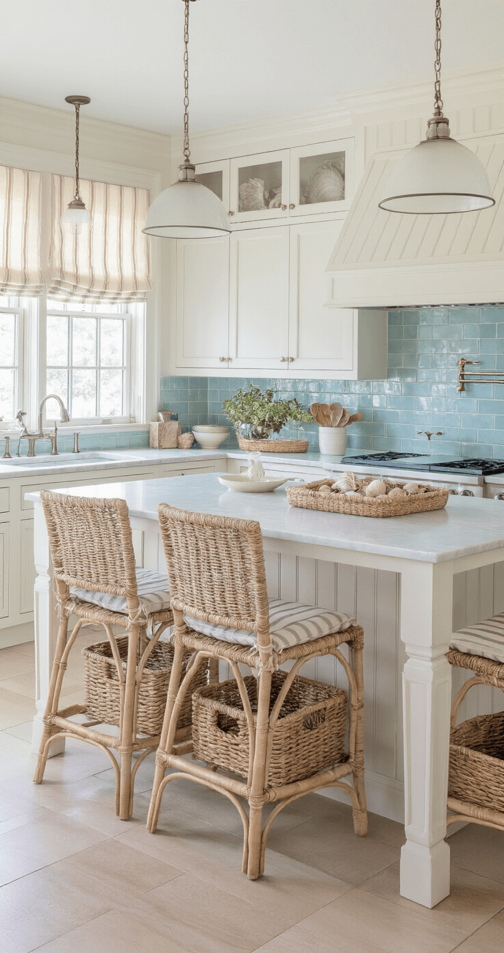 A coastal-inspired kitchen featuring pearl-white beadboard cabinets, honed marble countertops, and pale blue glass tile, bathed in morning light. The view from the dining area showcases the kitchen's depth, with natural and pendant lighting illuminating accessories like woven baskets and shell collections, and striped roman shades in sandy beige and white.