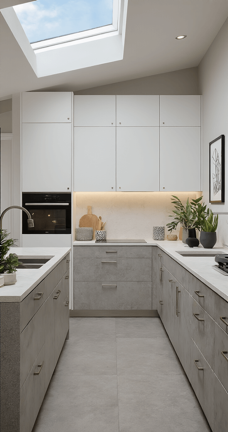 Aerial view of a contemporary open-concept kitchen featuring soft white slab-front cabinets, concrete counters, and brushed steel accents, illuminated by a dramatic skylight, with minimal decor including geometric ceramics, architectural plants, and black-framed artwork.