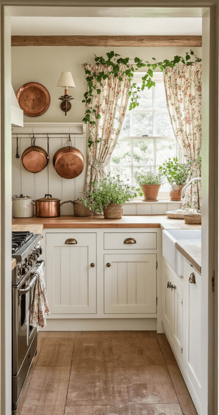 A cozy English cottage kitchen featuring antique white inset cabinets with cup pulls and butcher block counters, illuminated by afternoon light. The scene is framed from the doorway, showcasing a warm atmosphere enhanced by vintage-style sconces and filled with decorative elements like copper pots, climbing ivy, dried herbs, and floral chintz curtains in muted rose and sage.