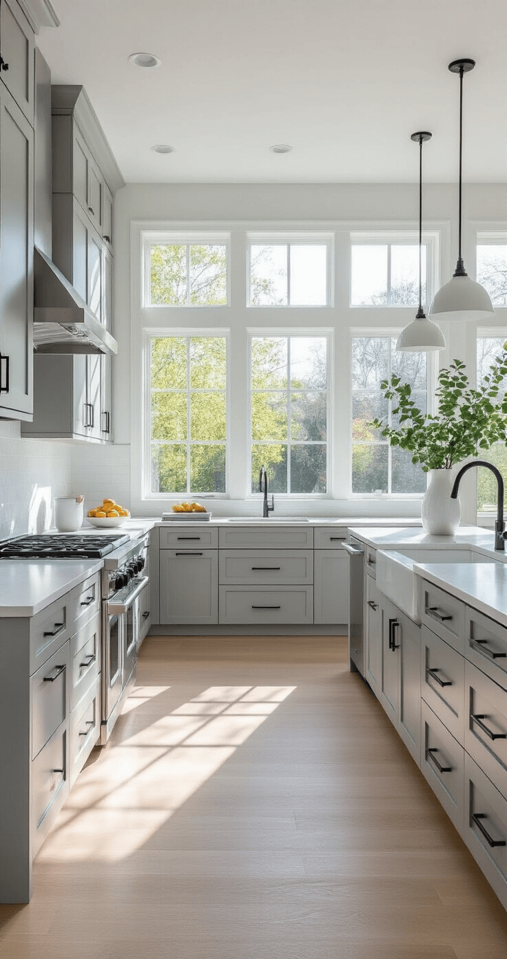 Bright, airy modern minimal grey kitchen featuring light grey flat-panel cabinets, white quartz countertops, and a central island with waterfall edges, illuminated by natural light from floor-to-ceiling windows and soft overhead LEDs, showcasing a clean aesthetic with minimal decor and warm white oak flooring.
