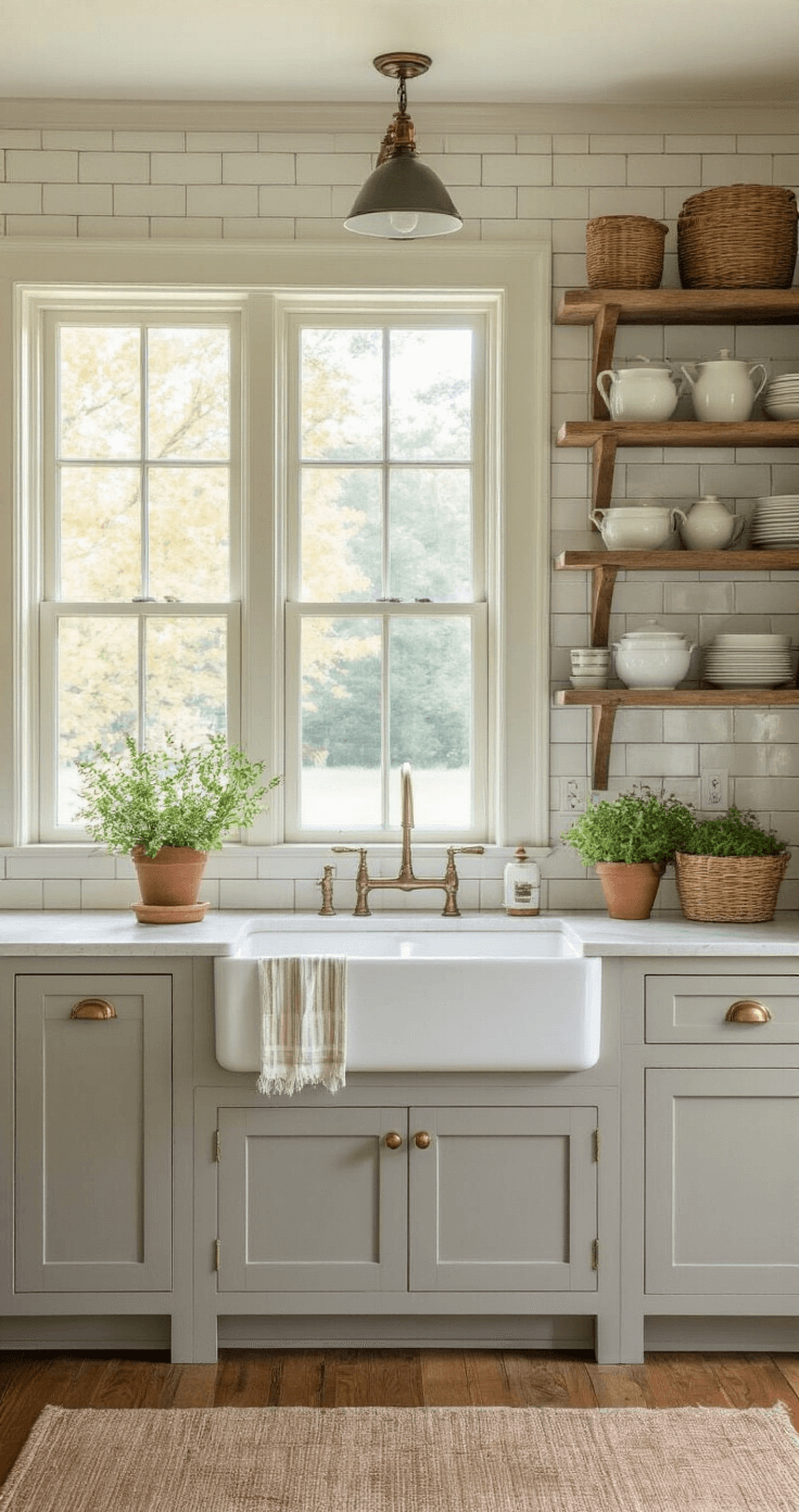 A cozy farmhouse kitchen with light grey Shaker cabinets, a farmhouse sink, and vintage pottery on reclaimed wood shelves, illuminated by warm afternoon light and pendant lights, featuring a rustic ambiance and distressed wood floors.