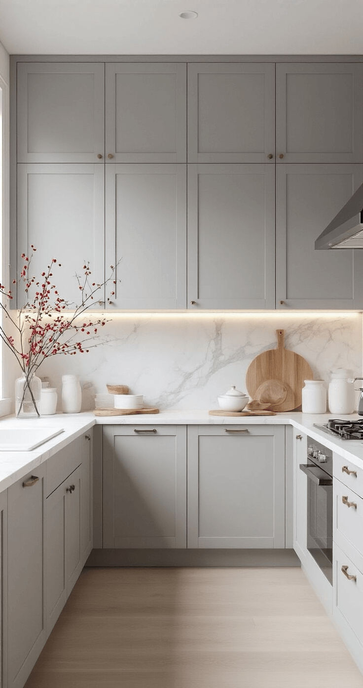 Minimalist 10x12ft Scandinavian kitchen featuring light grey slab cabinets, white marble countertops, and a winter berry branch in a clear vase, all illuminated by natural light and hidden LED strips, set against pale ash flooring.