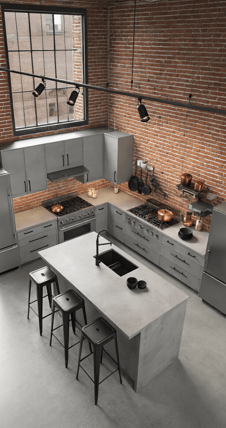 A dramatic industrial modern grey kitchen featuring light grey metal cabinets, concrete countertops, and an exposed brick wall, captured from an elevated angle to highlight the open floor plan and architectural details.