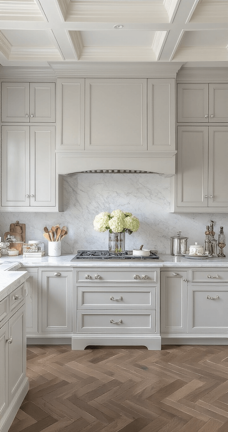 A sophisticated grey kitchen measuring 15x18ft with coffered ceilings, featuring classic light grey raised-panel cabinets with crystal knobs, marble countertops, soft lighting, and elegant decor including silver serving pieces, white hydrangeas in a mercury glass vase, and a collection of cookbooks, all highlighted by herringbone hardwood floors.