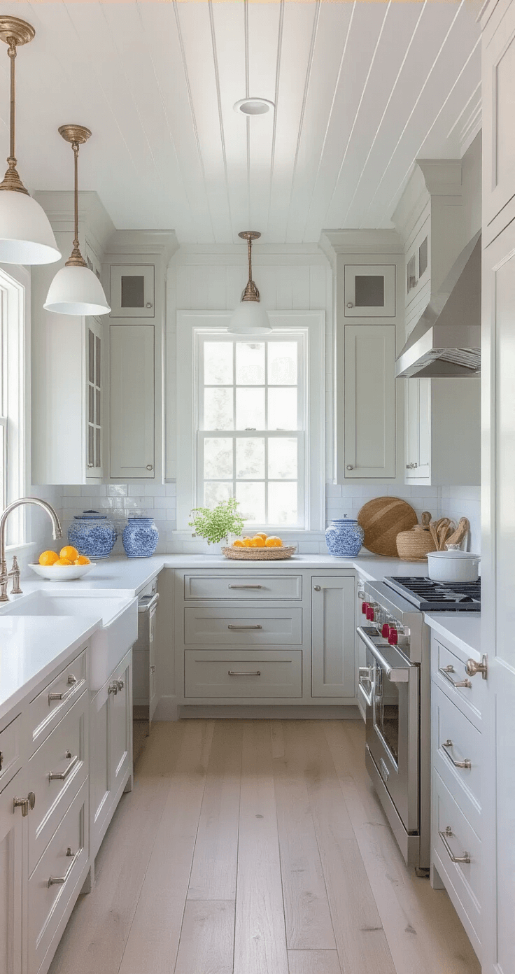 A sun-drenched 13x16ft coastal kitchen featuring light grey beaded inset cabinets, white quartz countertops, and a beadboard ceiling, styled with blue and white ceramics, woven textures, and fresh citrus. The room showcases natural light and polished nickel hardware, with whitewashed oak floors enhancing the bright, airy atmosphere.