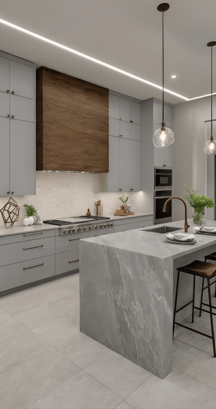 A contemporary fusion grey kitchen featuring sleek light grey cabinets, textured wood elements, a waterfall quartz island with bronze accents, and dramatic lighting. The space includes geometric accessories, art glass pieces, and minimalist greenery, set against large-format porcelain tile flooring.