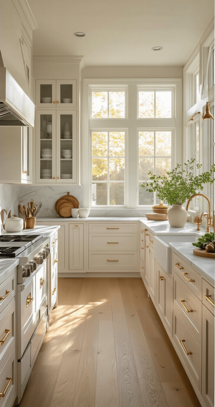 A sunlit modern neutral kitchen featuring alabaster white cabinets with brass hardware and glass-front upper cabinets, Carrara marble countertops, a 6ft white quartz island, and natural oak floors, styled with copper cookware and fresh herbs in terracotta pots.