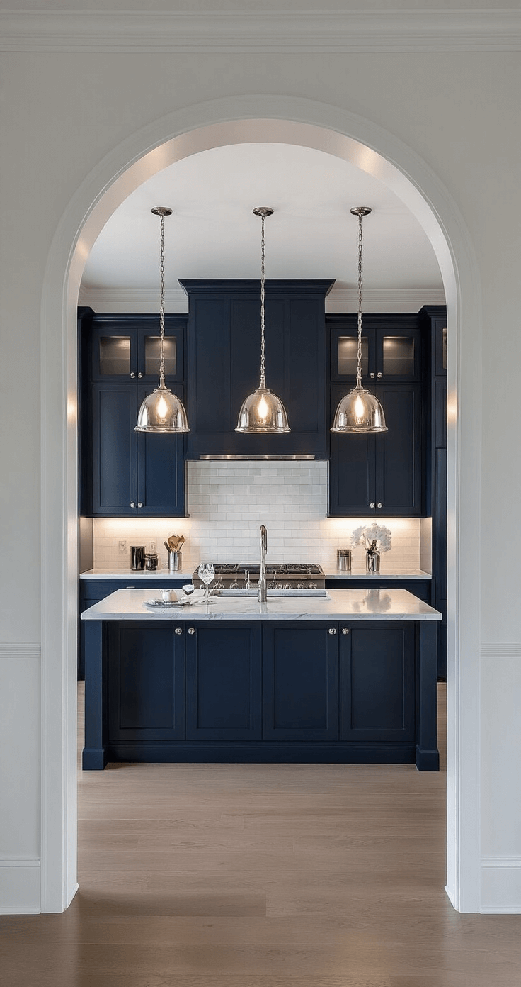 A moody kitchen at blue hour featuring floor-to-ceiling navy cabinets with polished nickel pulls, a marble-topped island, and dramatic pendant lights. The space includes a white subway tile backsplash and is styled with silver cocktail accessories and white orchids, captured from the entrance archway.
