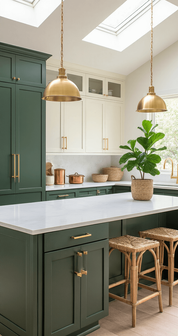 A wide-angle view of a 14x16ft kitchen featuring lower cabinets in deep forest green and upper cabinets in soft cream. The space is illuminated by morning light from skylights, with brushed gold hardware and an 8ft island with a waterfall quartz counter in matching green. Decor includes woven baskets, vintage copper pots, and a potted fiddle leaf fig.