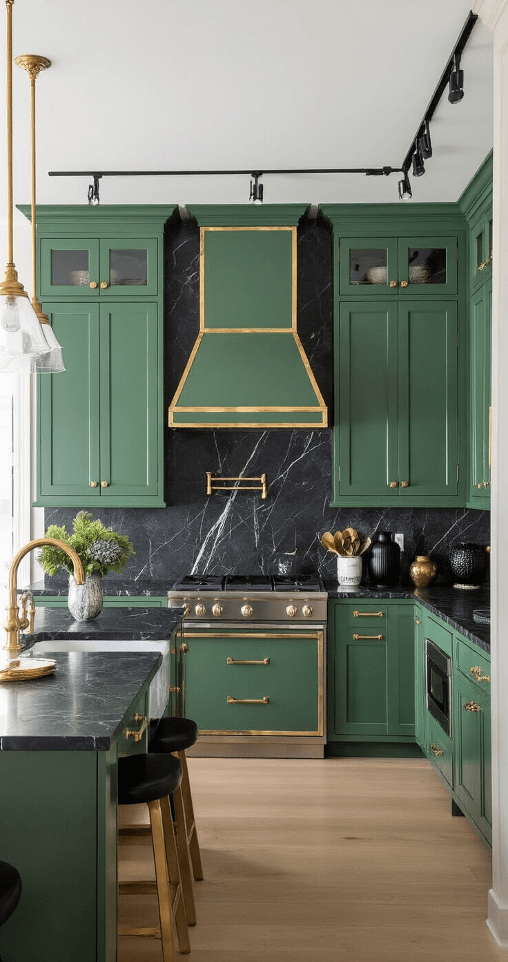 A luxurious kitchen features emerald green cabinets with antiqued brass hardware, dramatic black marble countertops, and a matching backsplash, all illuminated by directional track lighting. Gold-rimmed glassware and black ceramic vases add an elegant touch.