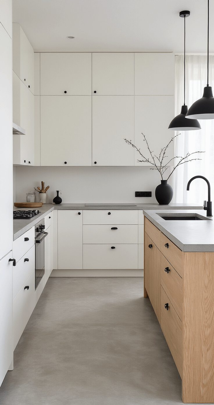 A minimalist Scandinavian-inspired kitchen featuring floor-to-ceiling Shell White cabinets and pale ash wood accents, with concrete countertops and matte black accessories. The scene is illuminated by early morning light filtering through sheer curtains, highlighting the cabinet symmetry and a single architectural branch on the counter.