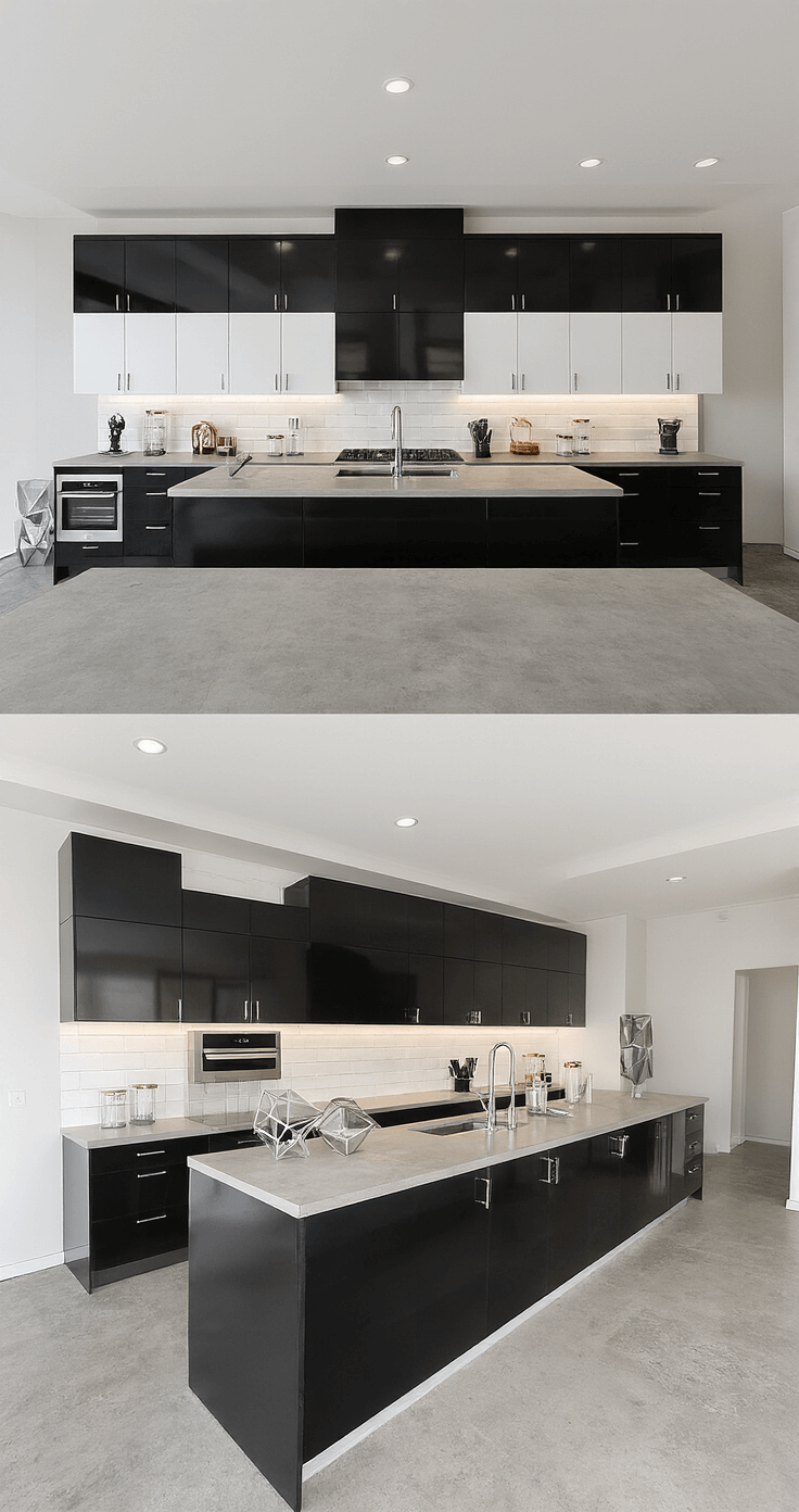 A modern black and white kitchen with matte black lower cabinets and glossy white upper cabinets, featuring stainless steel appliances, concrete counters, and indirect LED lighting, styled with chrome fixtures, glass canisters, and geometric sculptures.