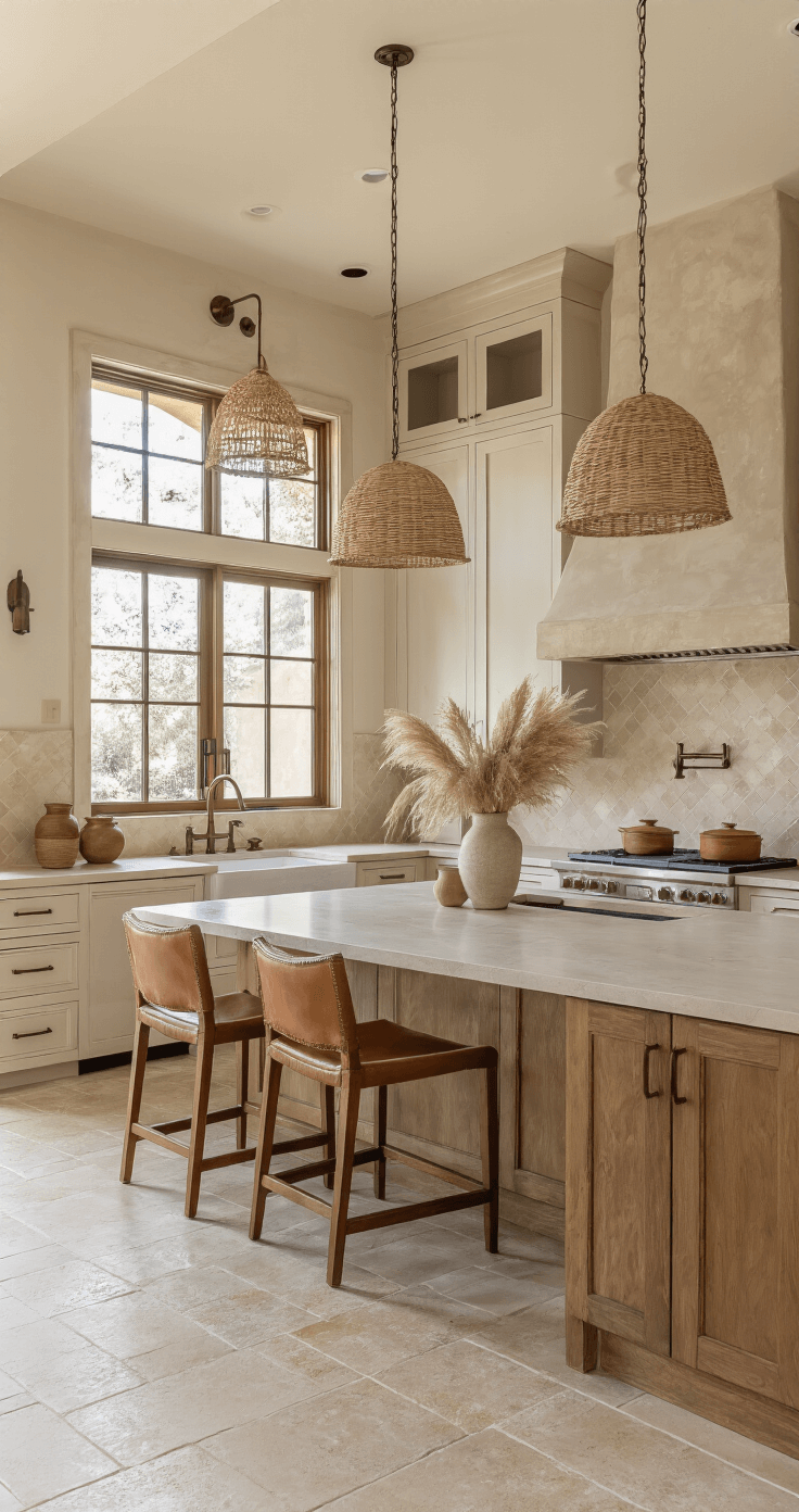 A spacious kitchen with Whisper SW 9591 cabinets and bronze hardware, featuring limestone countertops, cream zellige tile backsplash, a central island with leather barstools, and styled with woven pendants, earthenware vessels, and dried pampas grass, all illuminated by warm afternoon light.