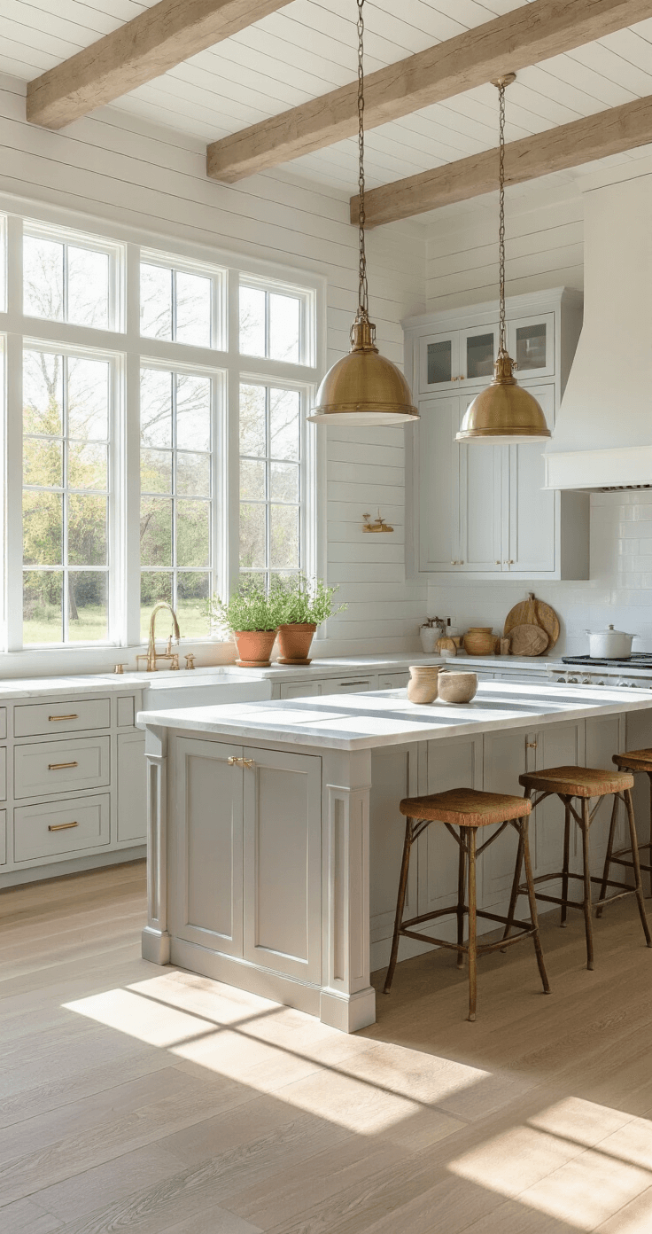 A bright modern farmhouse kitchen featuring large windows, white shiplap ceilings, pale gray cabinets with brass hardware, and a center island with a quartzite waterfall countertop, styled with ceramic canisters, terracotta pots of fresh herbs, and a vintage brass pendant light, all illuminated by natural and soft overhead lighting.