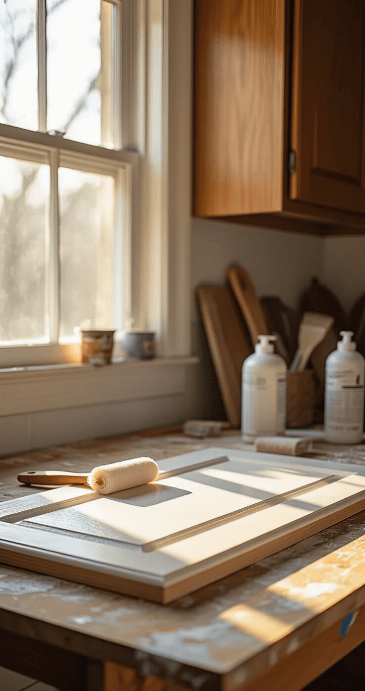 Detail shot of a kitchen cabinet door in a workshop, showing a fresh coat of primer applied with a foam roller, rich wood grain visible; soft natural light from a side window and professional lighting eliminate shadows, with painting supplies arranged artistically in the background.